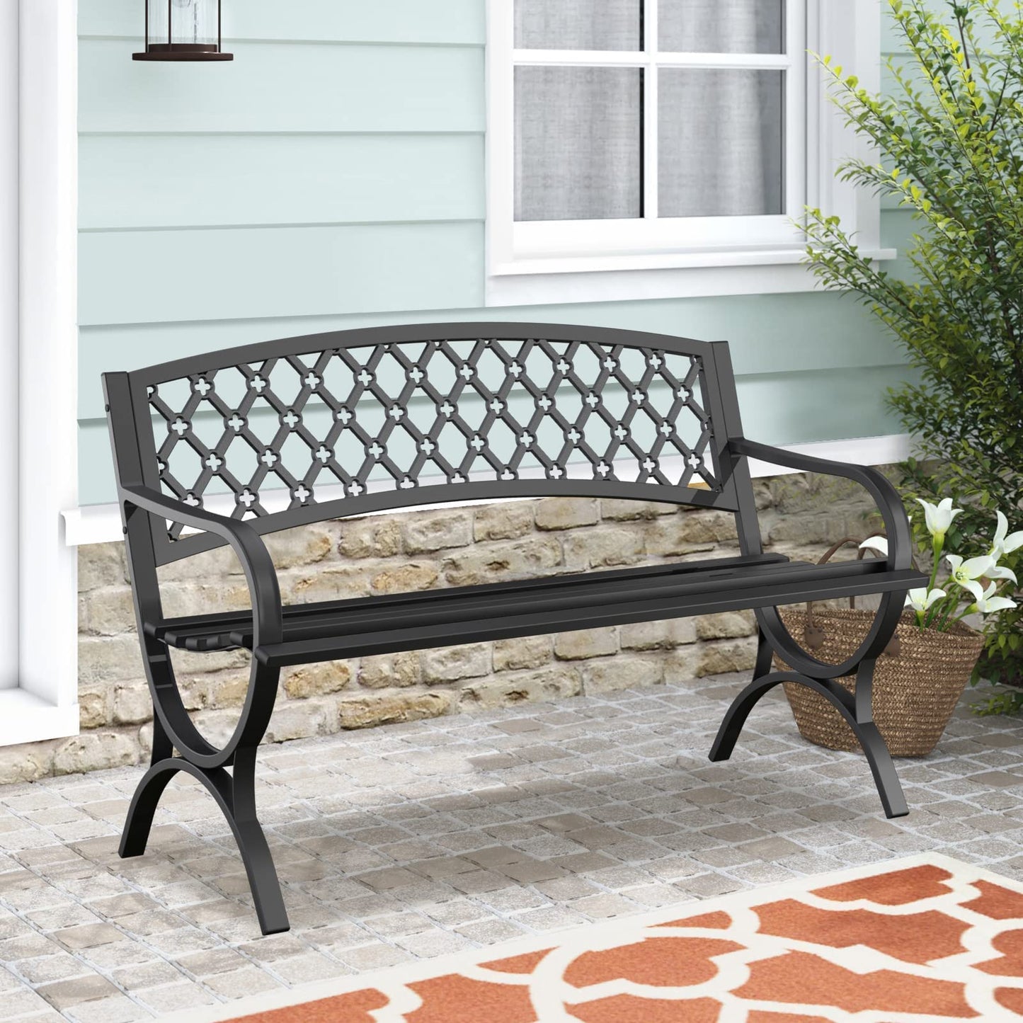 Maemttes Outdoor Bench Garden Benchs, Weatherproof Anti-Rust Heavy-Duty Outside Bench Clearance, Wrought Iron Metal Bench for Front Porch, Patio, Park, Ergonomic Backrest, Slatted Seat