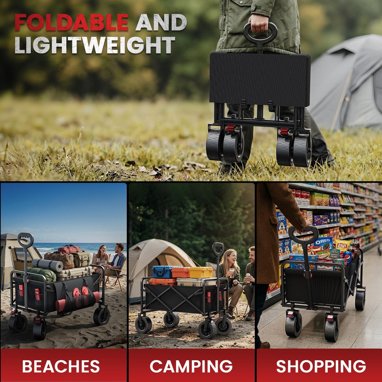 200L Collapsible Wagon Carts Foldable, Heavy Duty Beach Wagon with 7.48" All-Terrain Wheels, Portable Folding Utility Carts with Side Pocket for Beach, Camping, Groceries, Garden & Sports