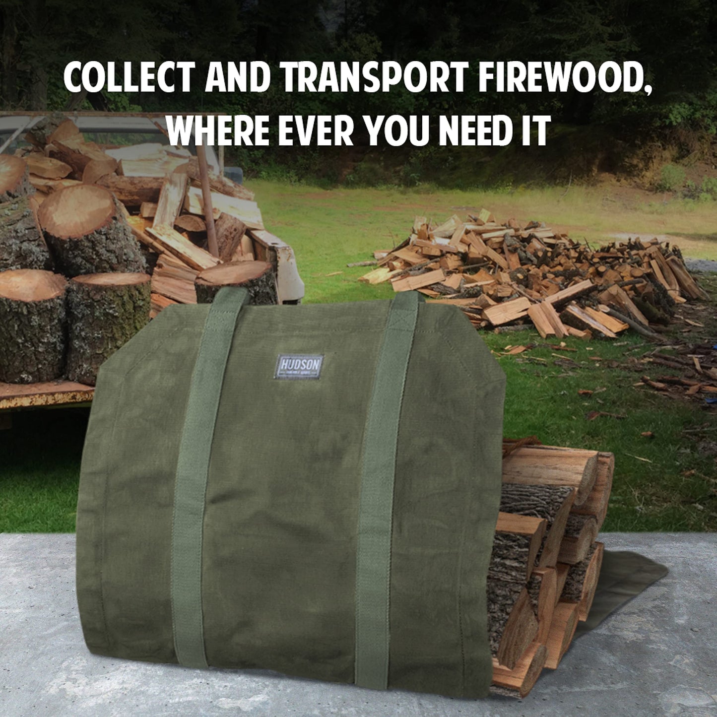 HDG Premium Quality 16oz Waxed Canvas Firewood Bag - 19x19 Inches Water Repellent Fireplace Log Carrier & Firewood Holder with Reinforced Webbed Cotton Straps - Lays Flat to Load - Green Storage Bag