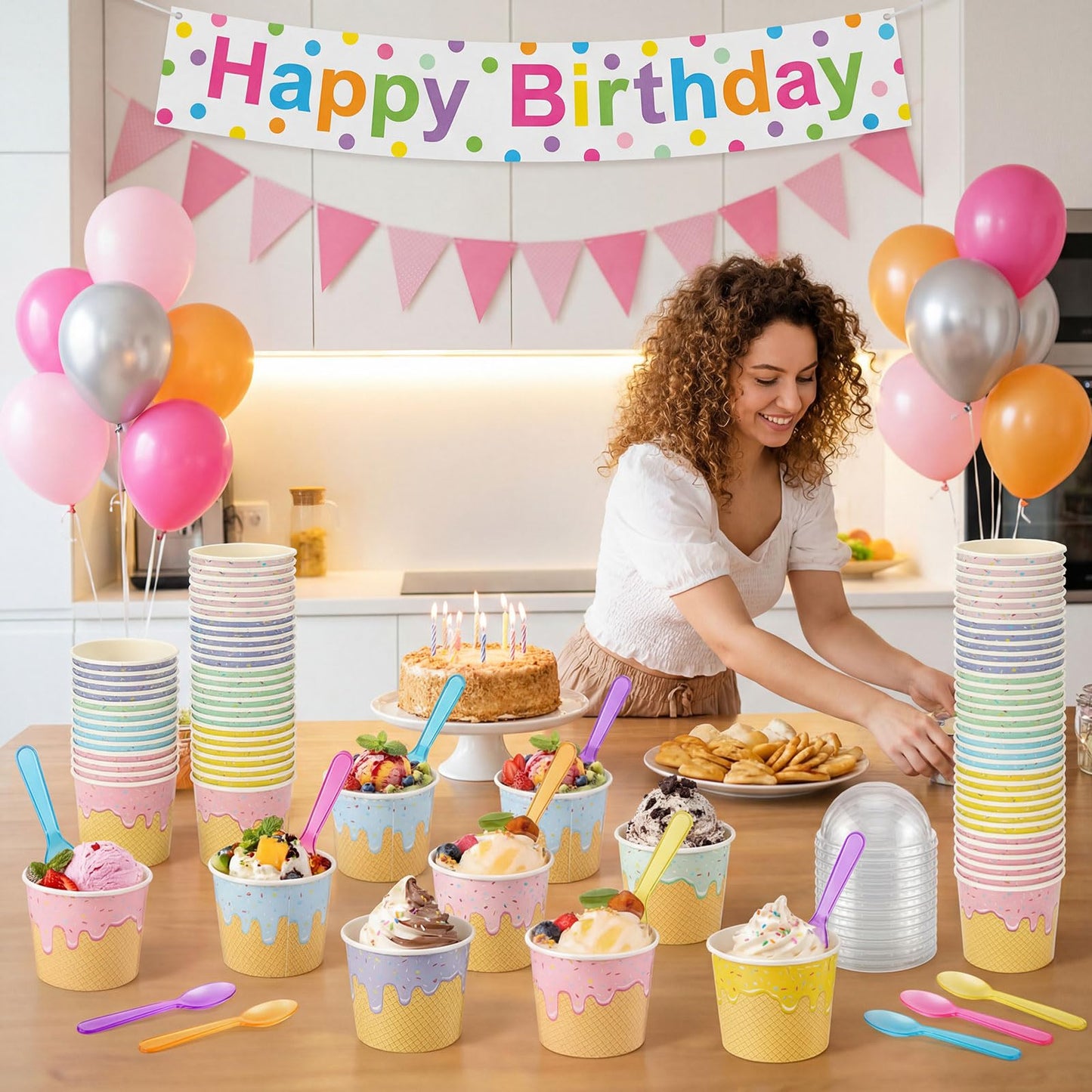 Jingmore 240 Set 4oz Ice Cream Paper Cups with Lids and Spoons, Disposable Sundae Bowls, Dessert Cups for Birthday Party Supplies, Paper Ice Cream Bowls Bulk for Yogurt, Snacks