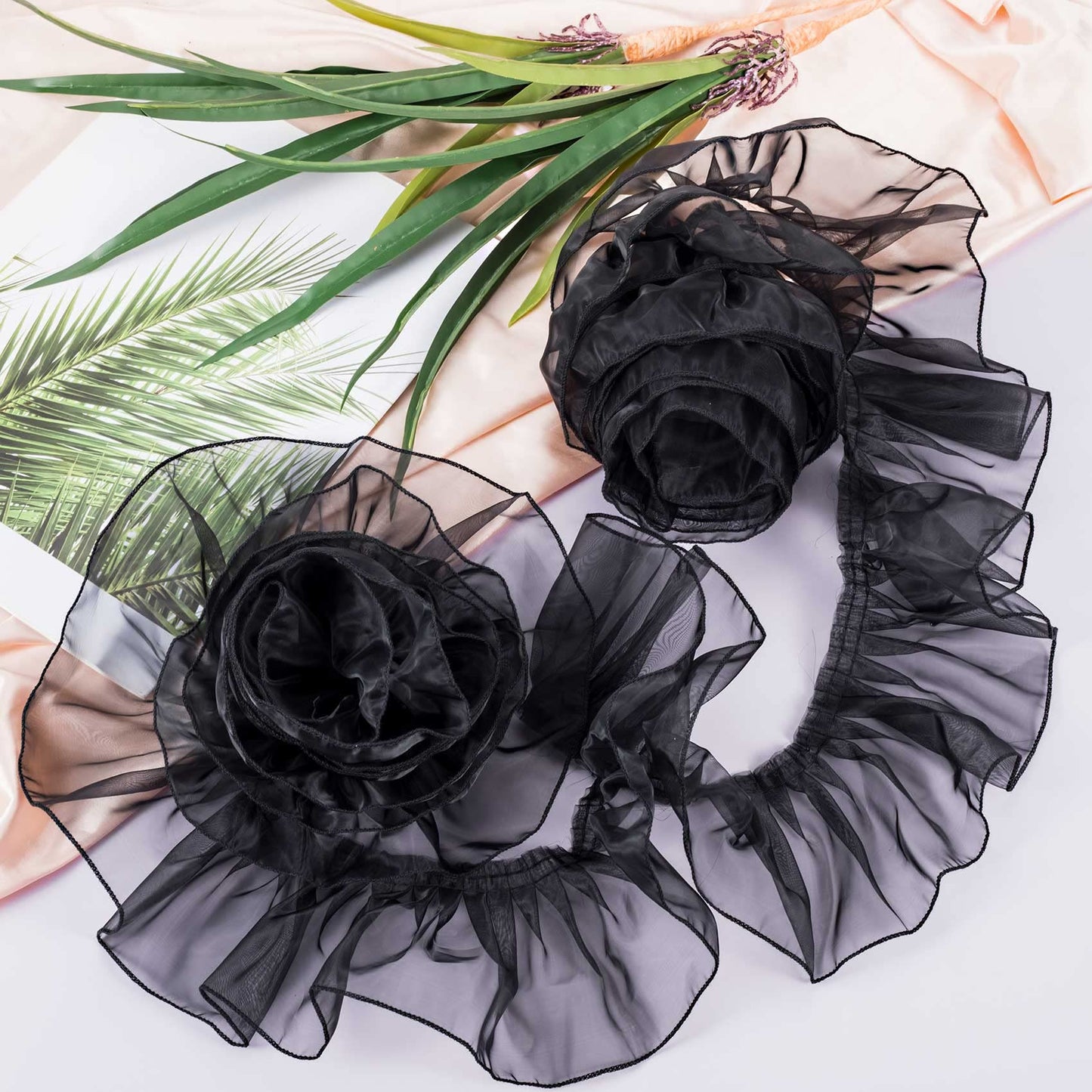 ANCIRS 3 Yards Organza Ruffled Pleated Lace Fabric Trim for Dress Collars Sleeves Halloween Costume Decoration Throw Pillow Decor Appliques Patches & Handmade DIY Sewing- Black