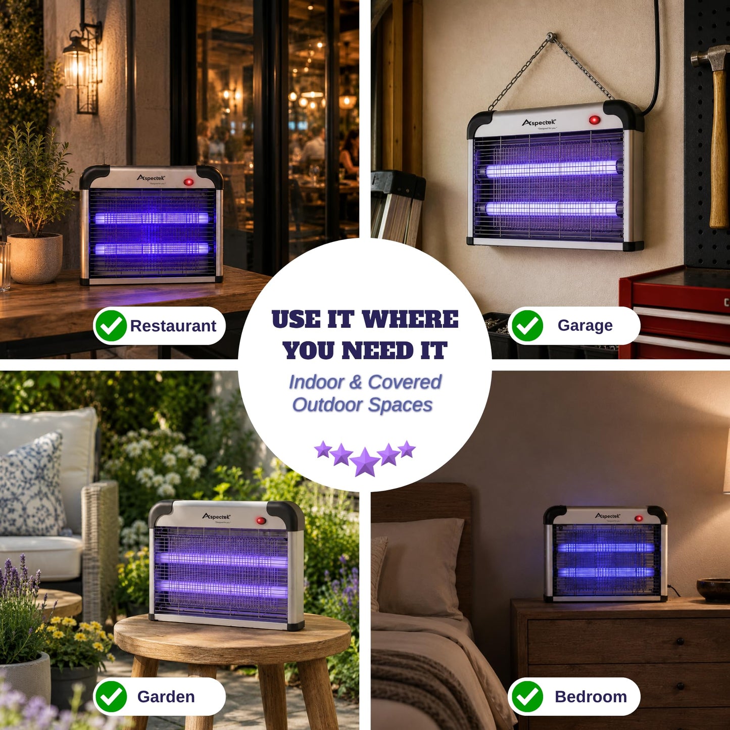 ASPECTEK Electric Bug Zapper, 20W UV Bulbs with 2800V Grid for Fly, Mosquito, Gnat and Moth Control, Indoor and Covered Outdoor Use for Home, Garage, Patio and Farm, Includes 2 Replacement Bulbs