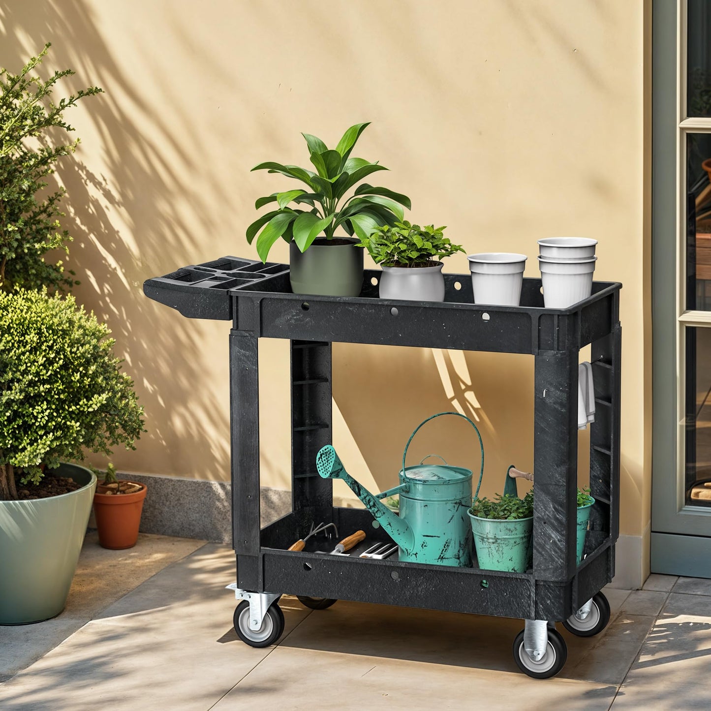 DWVO Utility Cart, 1000 lbs Capacity, 2 Shelf Heavy Duty Plastic Service Utility Cart on Wheels, Rolling Storage Work Carts Suitable for Warehouse, Garage, School & Office, Cleaning, Black
