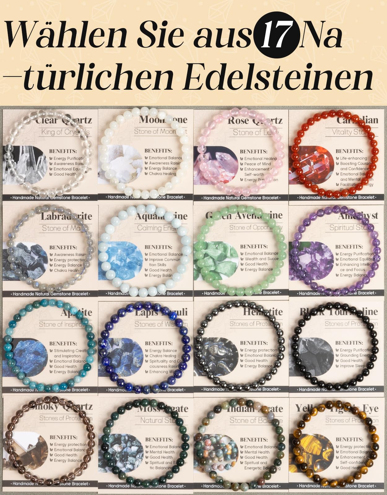 Landorilo Beaded Bracelet for Men Women, 6mm Natural Stone Labradorite Healing Crystal Stretch Bracelets, Ideal Christmas Birthday Jewelry Gifts with Energy Card,Replacement Beads Included