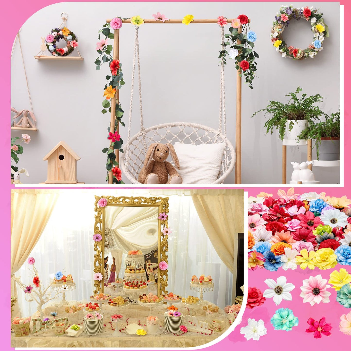Hoteam 100 Pcs Assorted Flower Heads Decorative Artificial Fake Heads Small Faux Floral Crafts DIY Mini Daisy Rose Plum for Wedding Cake Mother's Day Party Wreath Home Spring (Bright)