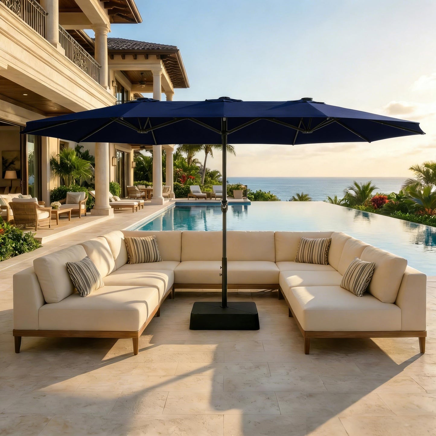 GarveeLife 15FT Large Patio Umbrella with Base Included, Double-Sided Rectangle Market Umbrella with Cross Base and Sandbag for Pool Lawn Garden (Navy Blue, 15 ft)