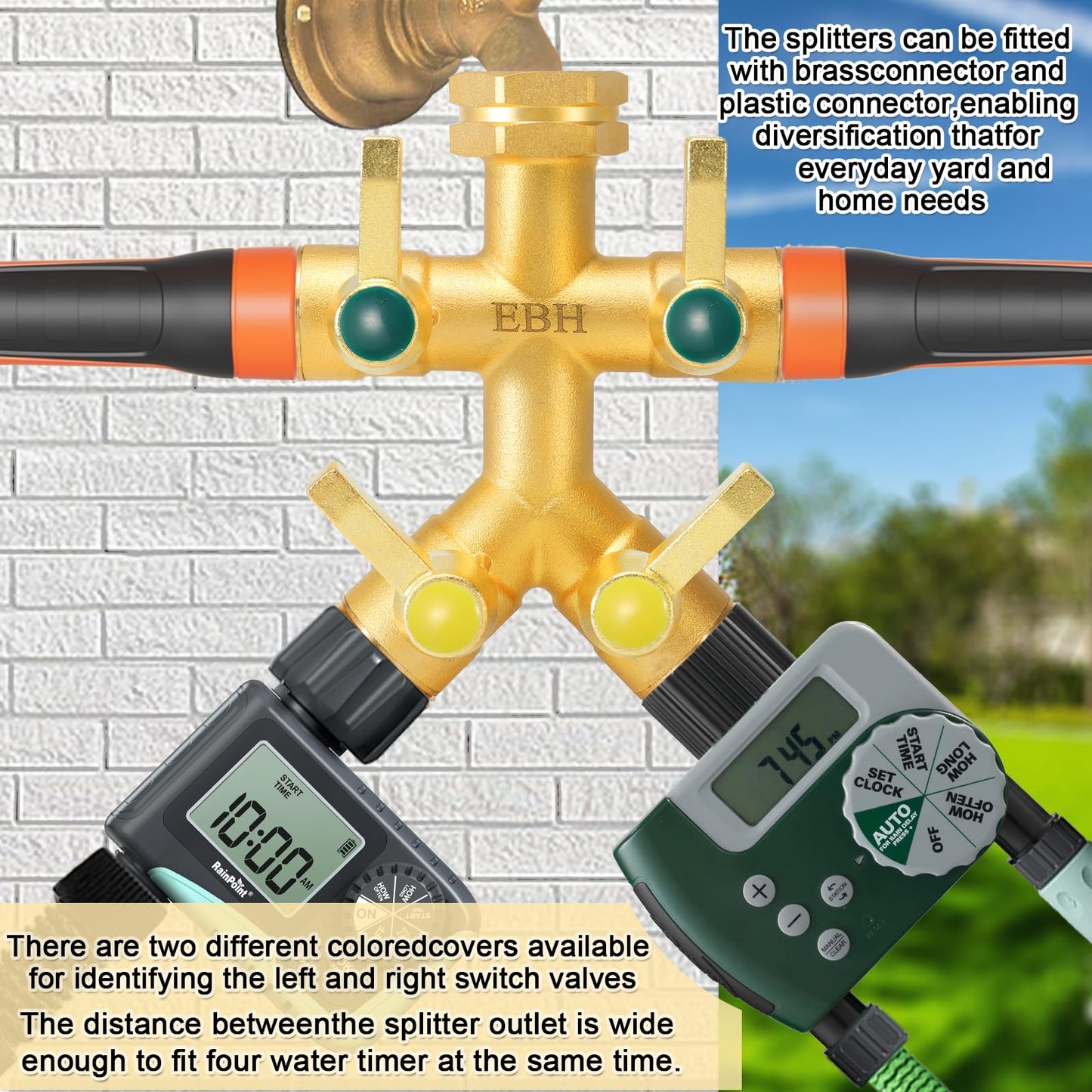 EBH Brass Garden Hose Splitter Full Flow, Outdoor Faucet Heavy Duty Hose Splitter 4 Way High Flow, 3/4-Inch Multi-Angle Spout with 4 Individual On/Off Valve and Extended Handle