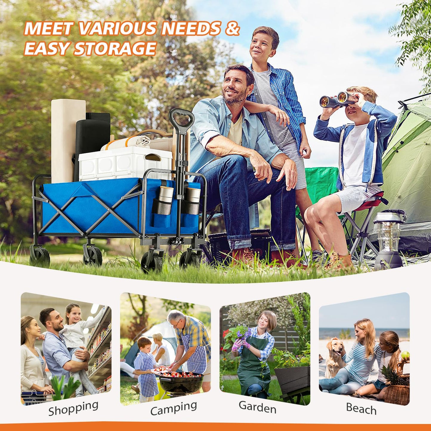 Sweetcrispy Collapsible Foldable Wagon Cart, Large Capacity Garden Cart with Wheels, Heavy Duty Utility Grocery Wagon with Drink Holders for Shopping Sports Camping - 30IN Blue