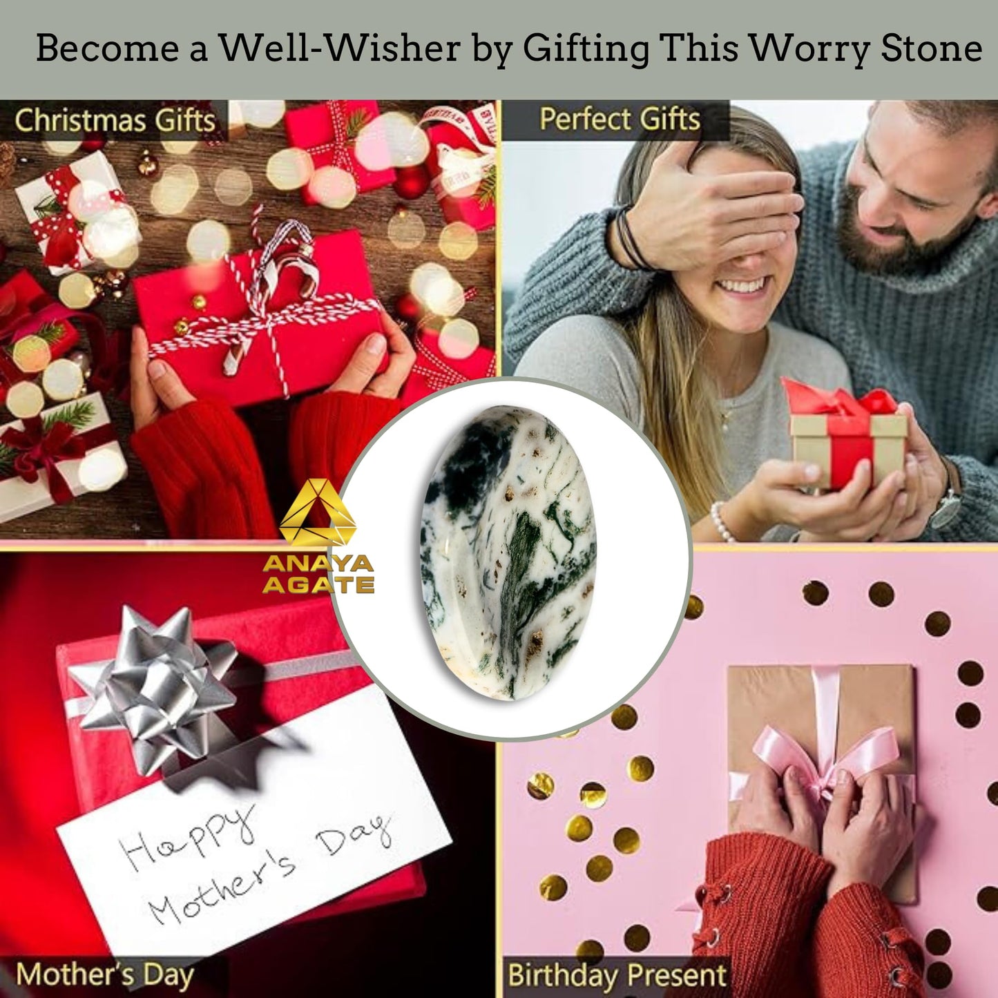 Anaya Agate Tree Agate Worry Stones Certified Crystal Thumb Worry Stone for Anguish, Relaxing and Soothing Balance Stones for Meditation, Stress Relief Crystals and Healing Stones for Men, Women