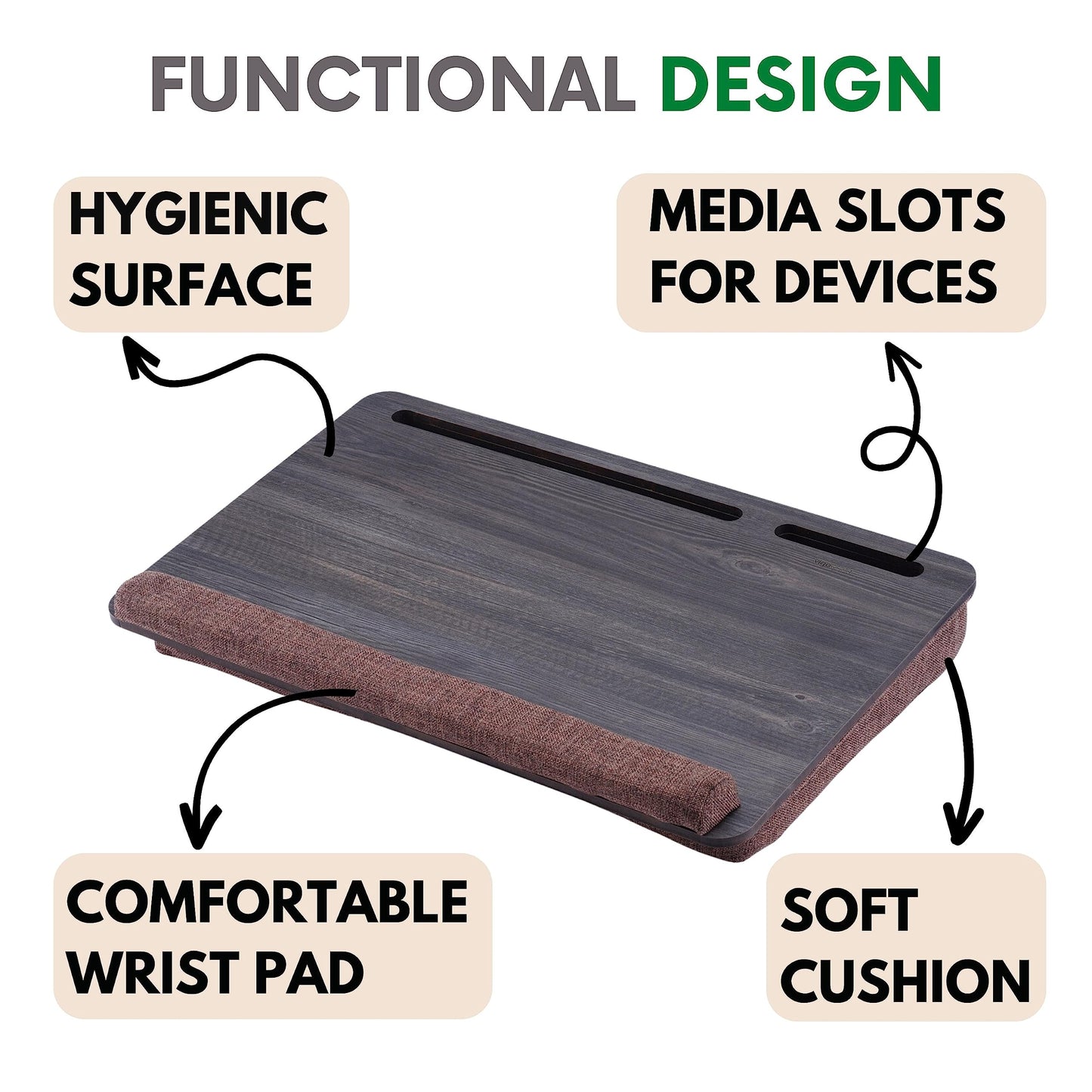 Vigo Wood Portable Laptop Desk ā Lapdesk with Cushion, Laptop Stand for Bed, Lap Desk for Laptop and Lap Desk for Bed, Portable Desk for Lap top, Notebook Bed Tray (Black & Brown)