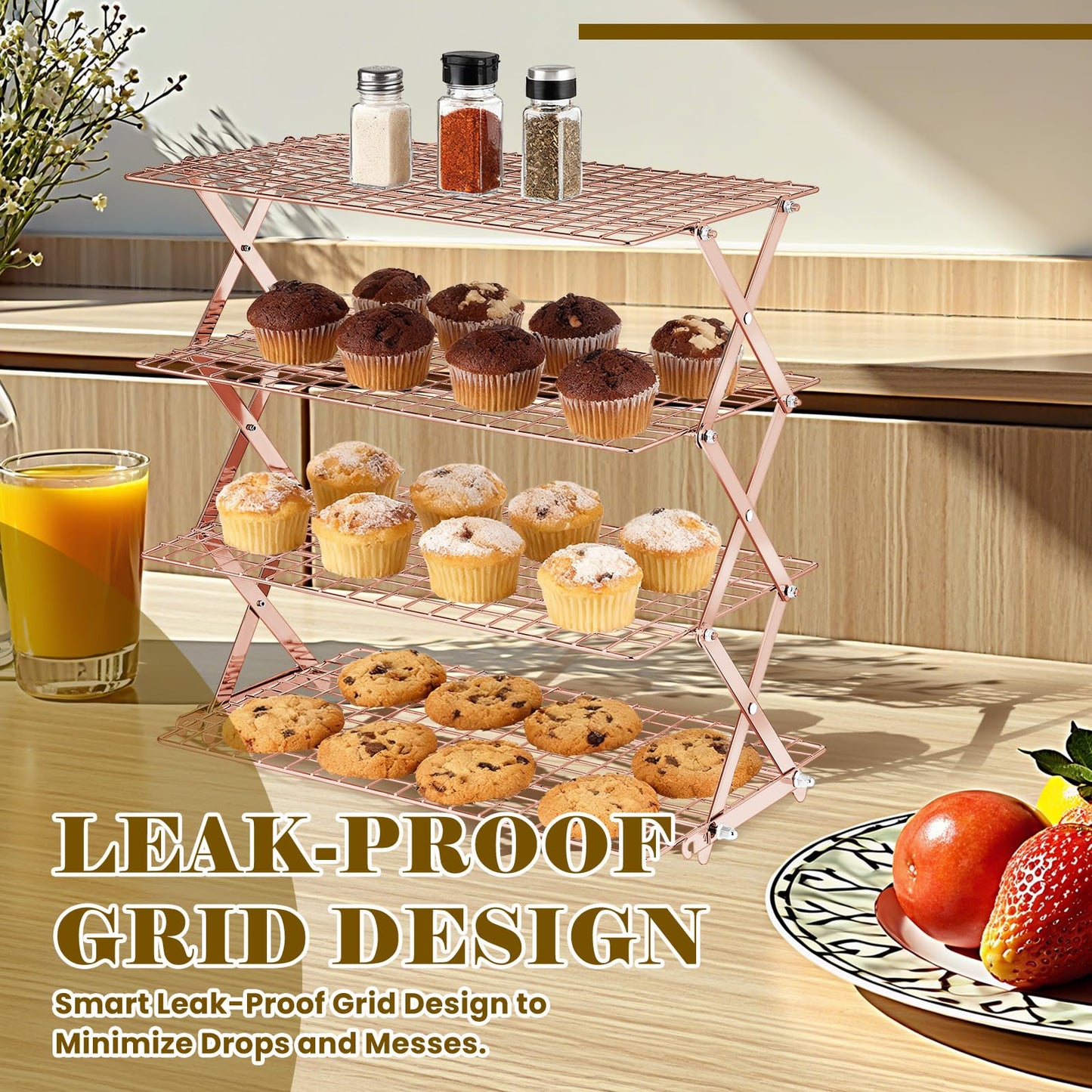 BEWOS 4 Tier Collapsible Cooling Rack - Adjustable Stainless Steel Baking Rack with Mesh Leak Proof,Foldable X-Shaped Structure Cooling Racks for Cooking and Baking, Dishwasher Safe( Rose Gold)