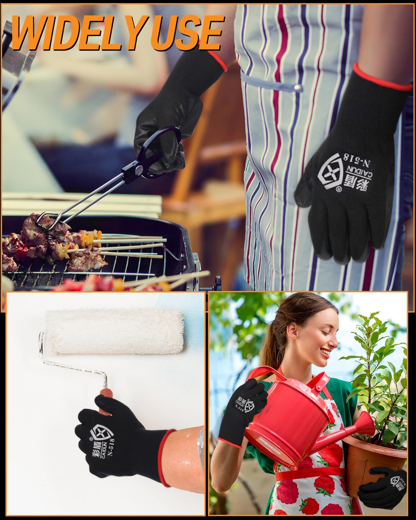 Potchen 72 Pairs Gardening Work Gloves Bulk for Men Women, Rubber Coated Garden Multipack Safety Construction Glove (Black)