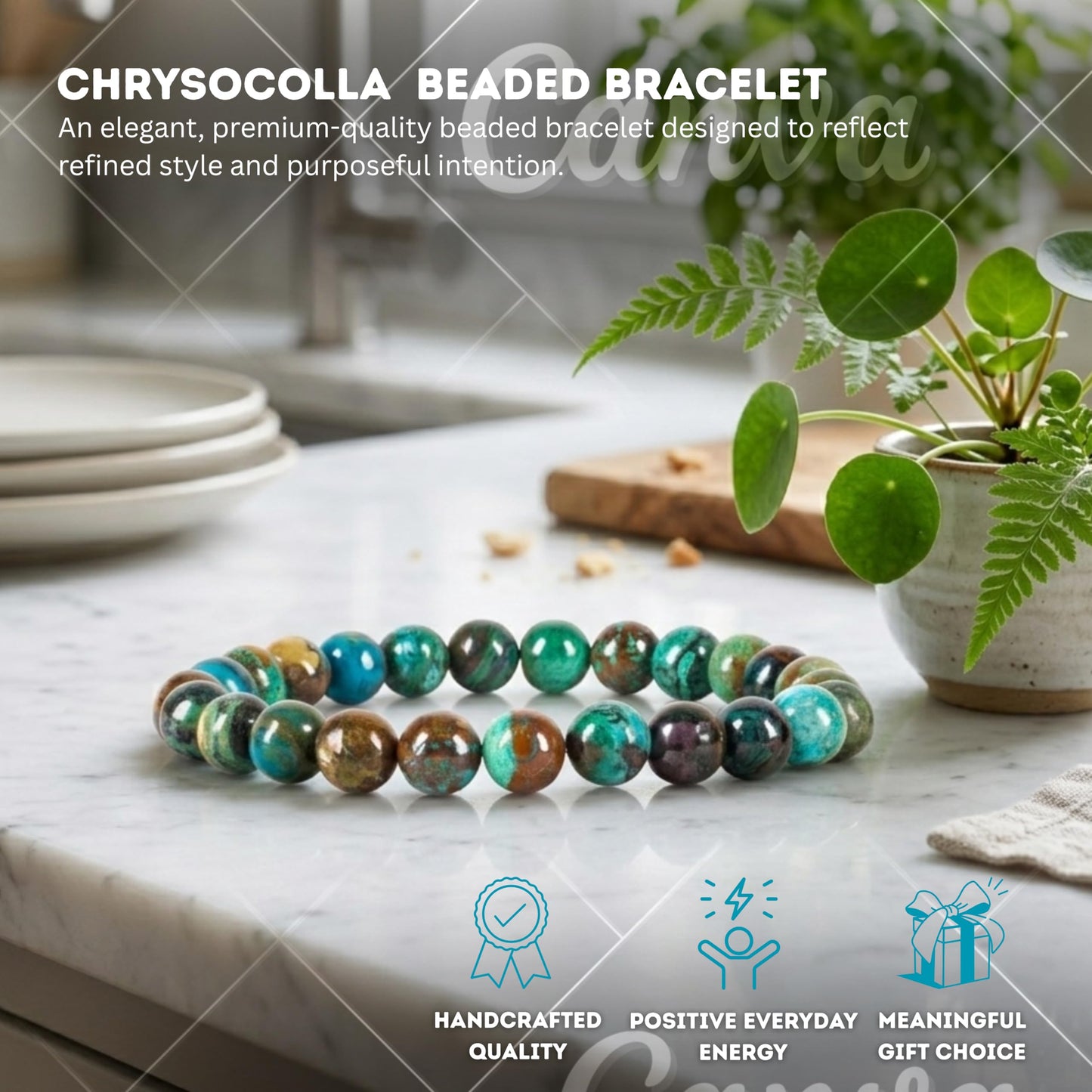 Cherry Tree Collection Chrysocolla Beaded Bracelet – Genuine 8mm Gemstone Stretch Bracelet for Men & Women – Handmade Crystal Bracelet - (Chrysocolla - S)
