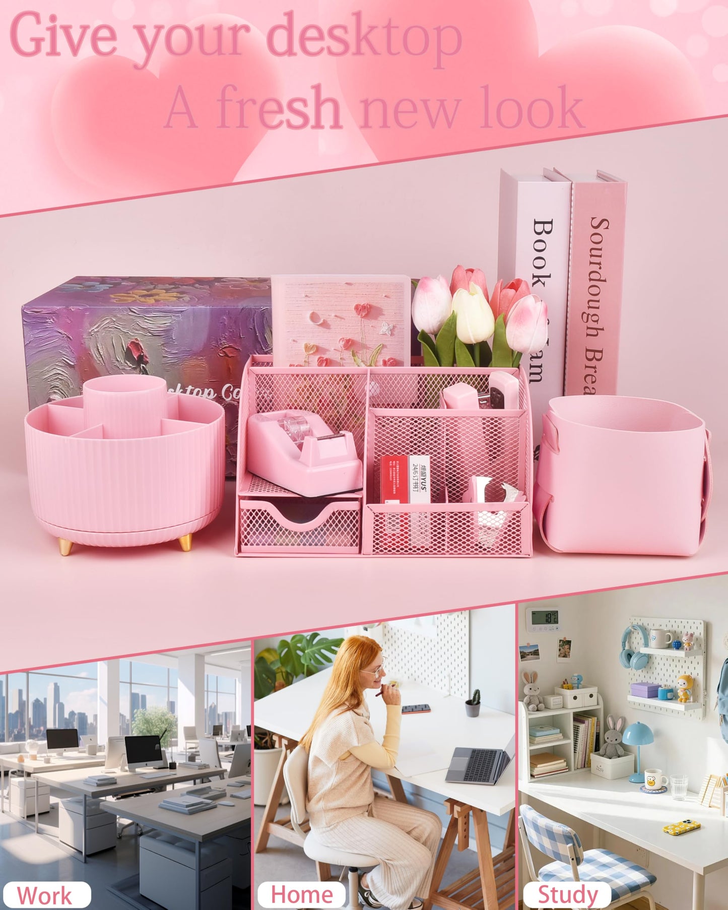 Vamrak Pink Desk Accessories and Organizers with Desk Organizer and 360°Rotating Pen Holder stapler Pen and a Lot of Office Pink Office Supplies Beautifully Presented in a Gift Box