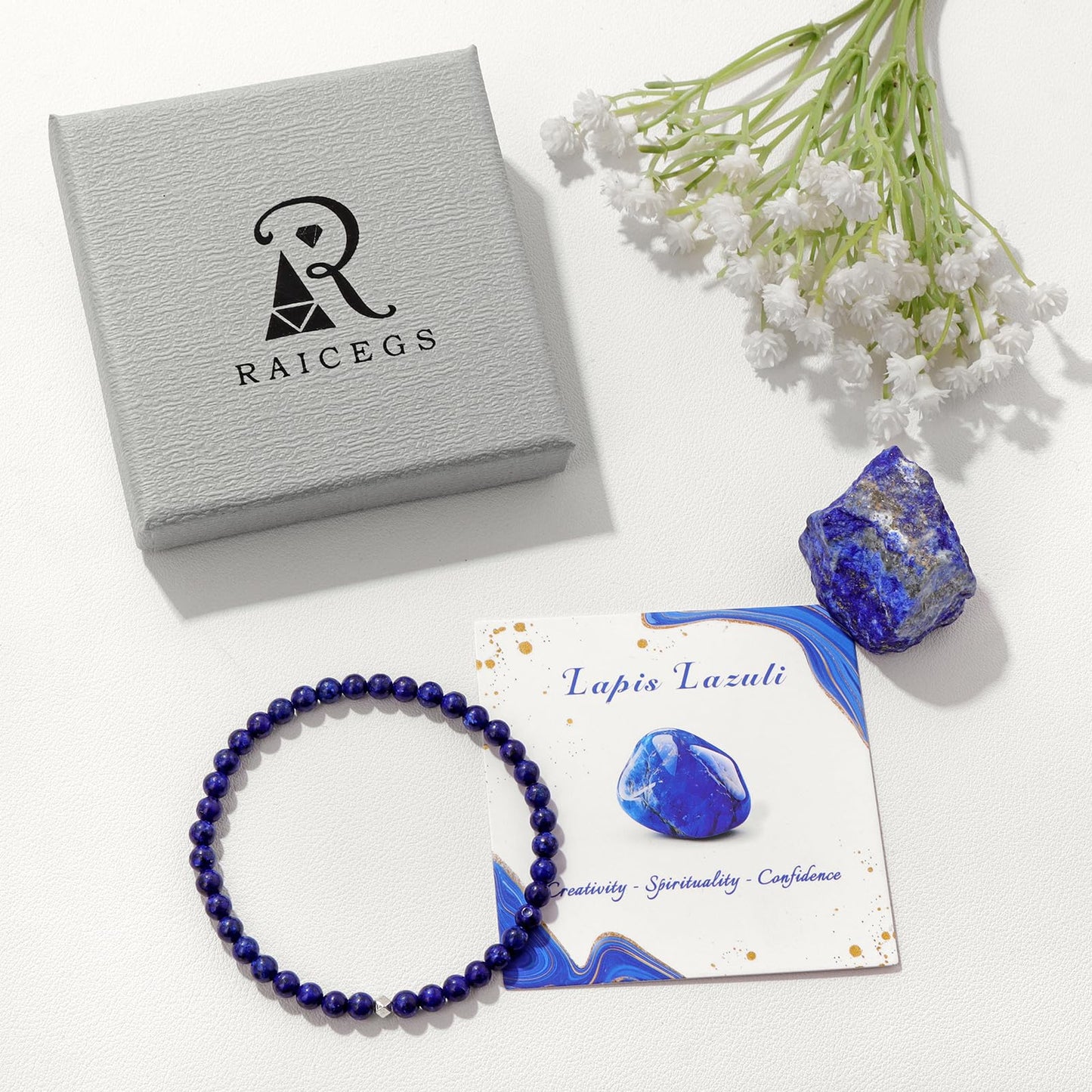 Raicegs 4MM Lapis Lazuli Bead Bracelets for Women Men Healing Crystal Bracelet Natural Stone Handmade Stretch Bracelet Reiki Spiritual Jewelry