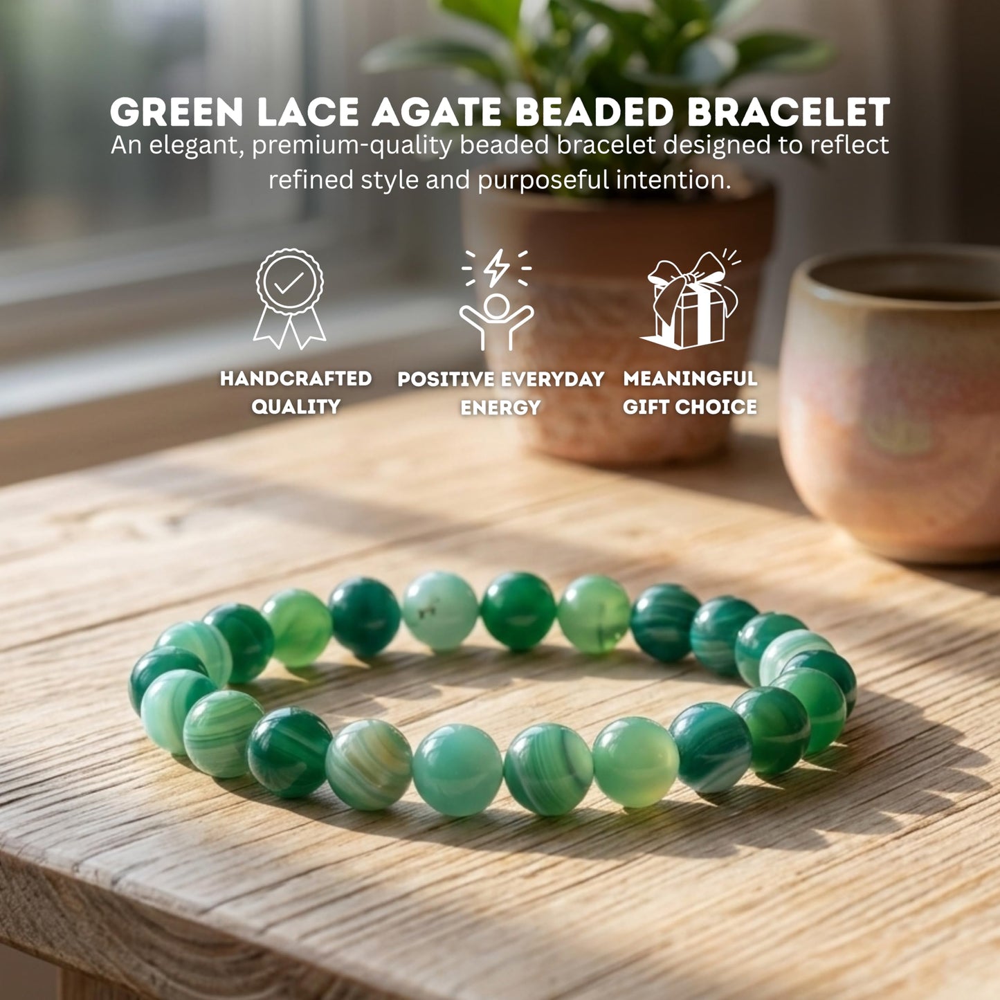Cherry Tree Collection Lace Agate Green Beaded Bracelet – Genuine 8mm Gemstone Stretch Bracelet for Men & Women – Handmade Crystal Bracelet - (Lace Agate Green - S)