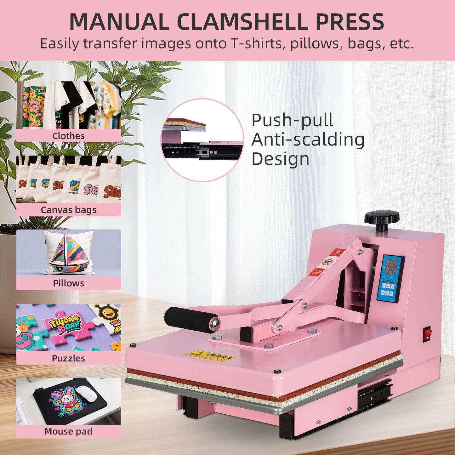 15x15 Inch Heat Press Machine with Slide-Out Drawer, Manual Clamshell Design, Digital Temp & Timer Control, Pink 1400W Heat Transfer Machine for T-Shirts, Vinyl, Fabric, DIY Projects & More