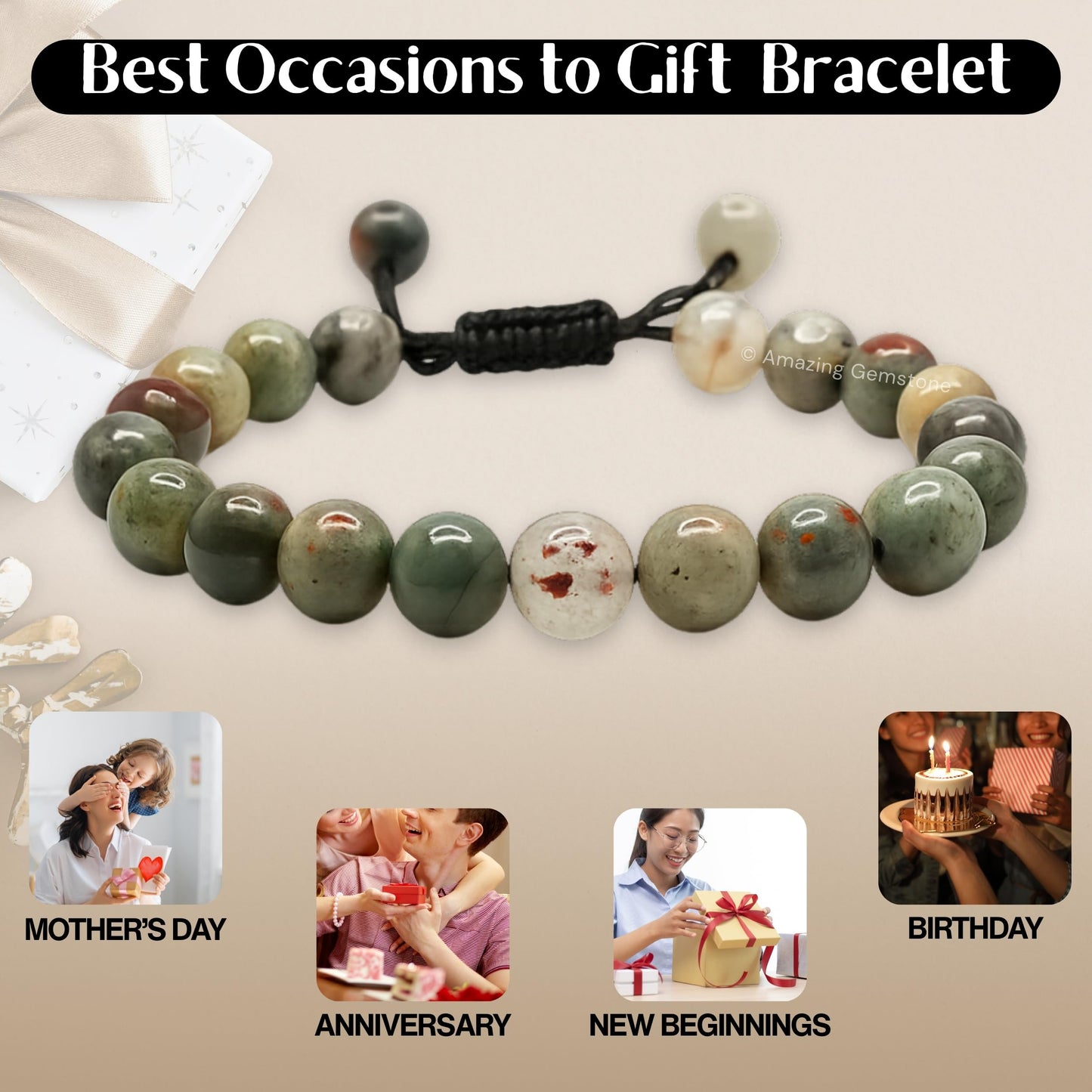 Amazing Gemstone African Bloodstone Bracelet for Women Men's Gifts - Protection Healing Crystal Bracelet - 8mm Gemstone Beaded Adjustable Bracelet Pulseras Para Hombres Mujer Stocking Stuffers