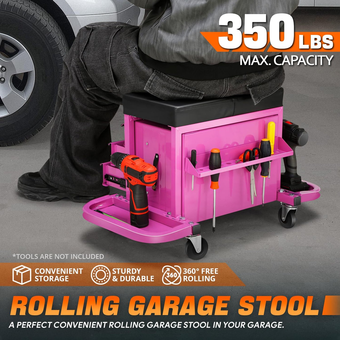 DNA MOTORING 3-Drawer Tool Chest Rolling Mechanic Seat with Tool Trays,350lbs Max Weight Capacity, Purple, TOOLS-00261-PR