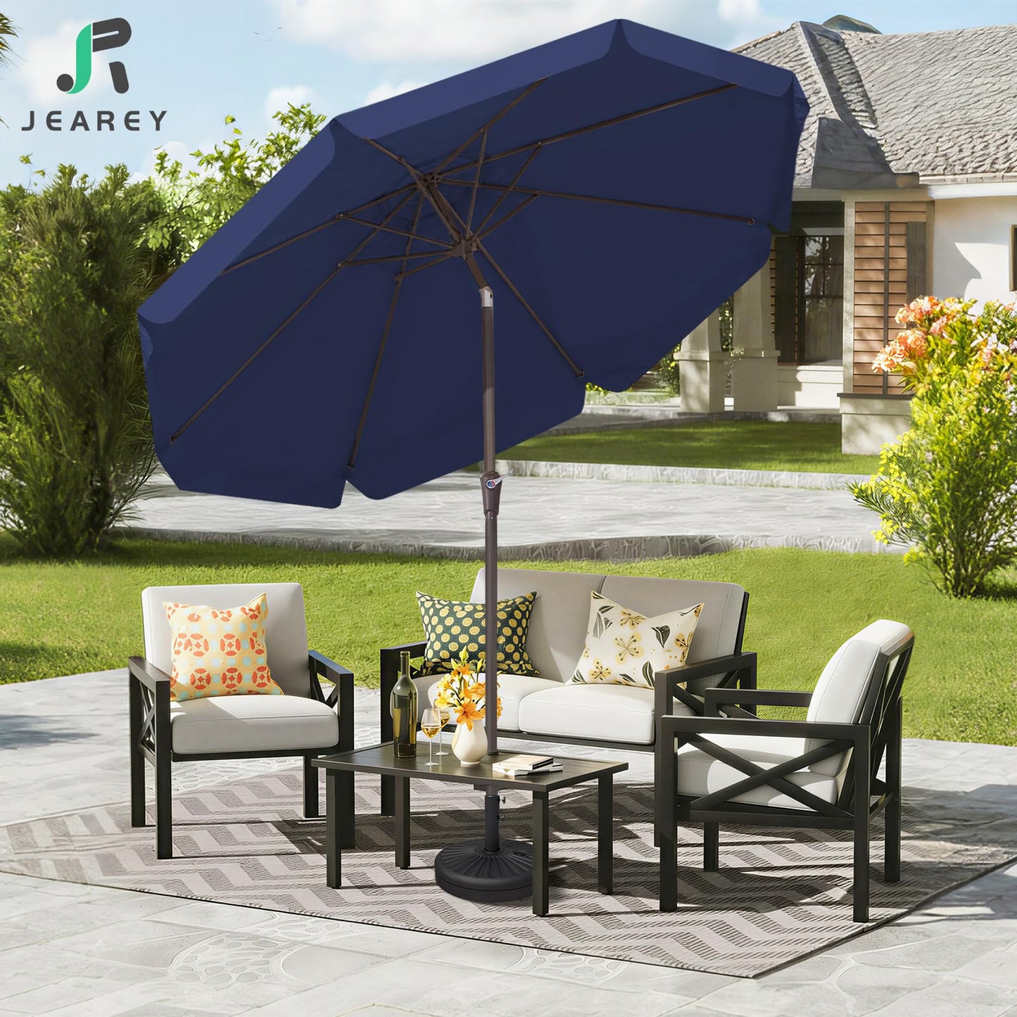 JEAREY 9 FT Patio Umbrella Outdoor, Table Umbrellas Market Umbrella w/Push Button Tilt/Crank, 8 Sturdy Ribs(Navy Blue)