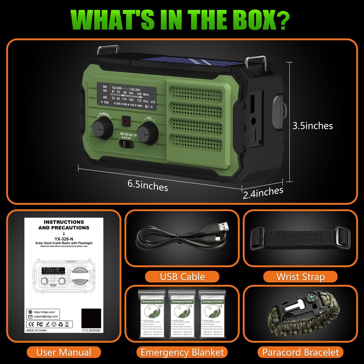 Emergency Radio Hand Crank Solar, 10000mAh/37000mWh Emergency Weather Radio, Hand Crank Solar Radios with NOAA/AM/FM, Thermal Blanket, Survival Bracelet, for Home & Outdoor