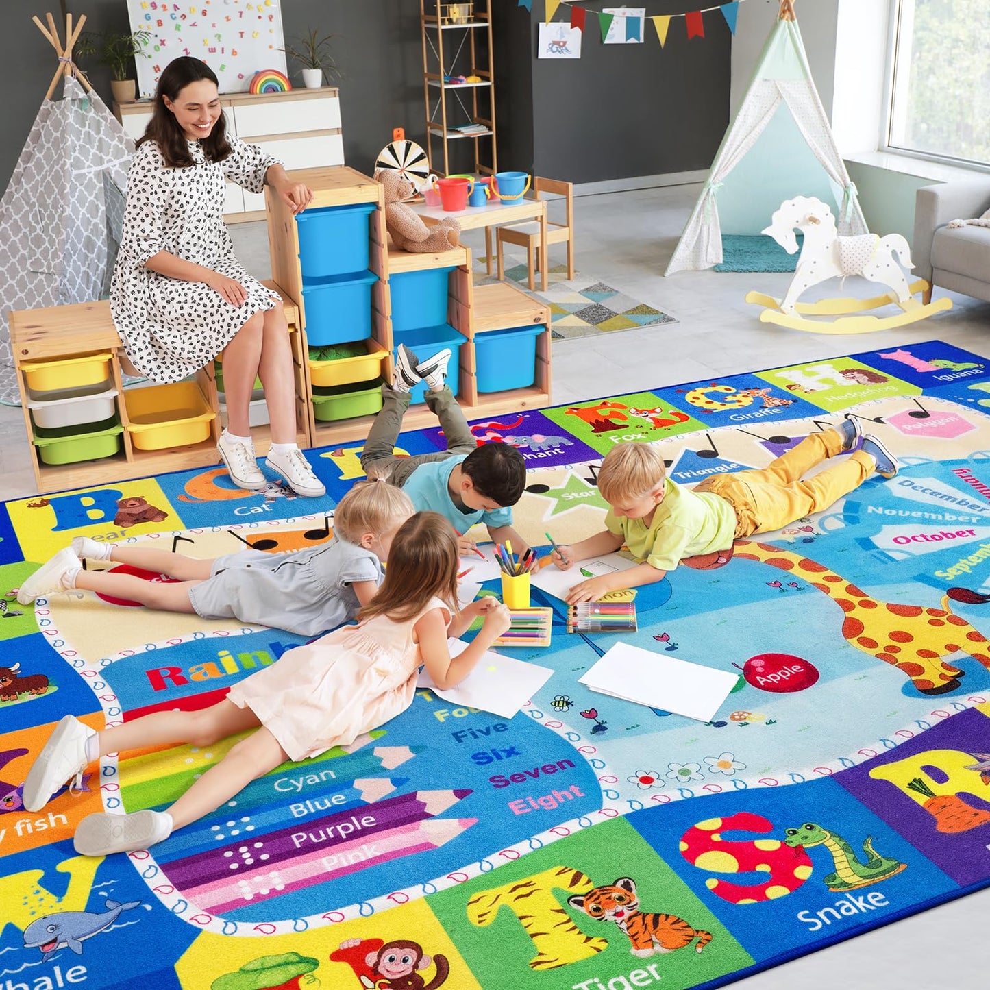 B BENRON 4x6 Playroom Rugs for Kids Washable, Educational and Fun Playmat with ABC Alphabet Animals Shapes Colors, Non-Slip Play Mat Learning Rugs for Baby Toddler Children Game Activity, Blue