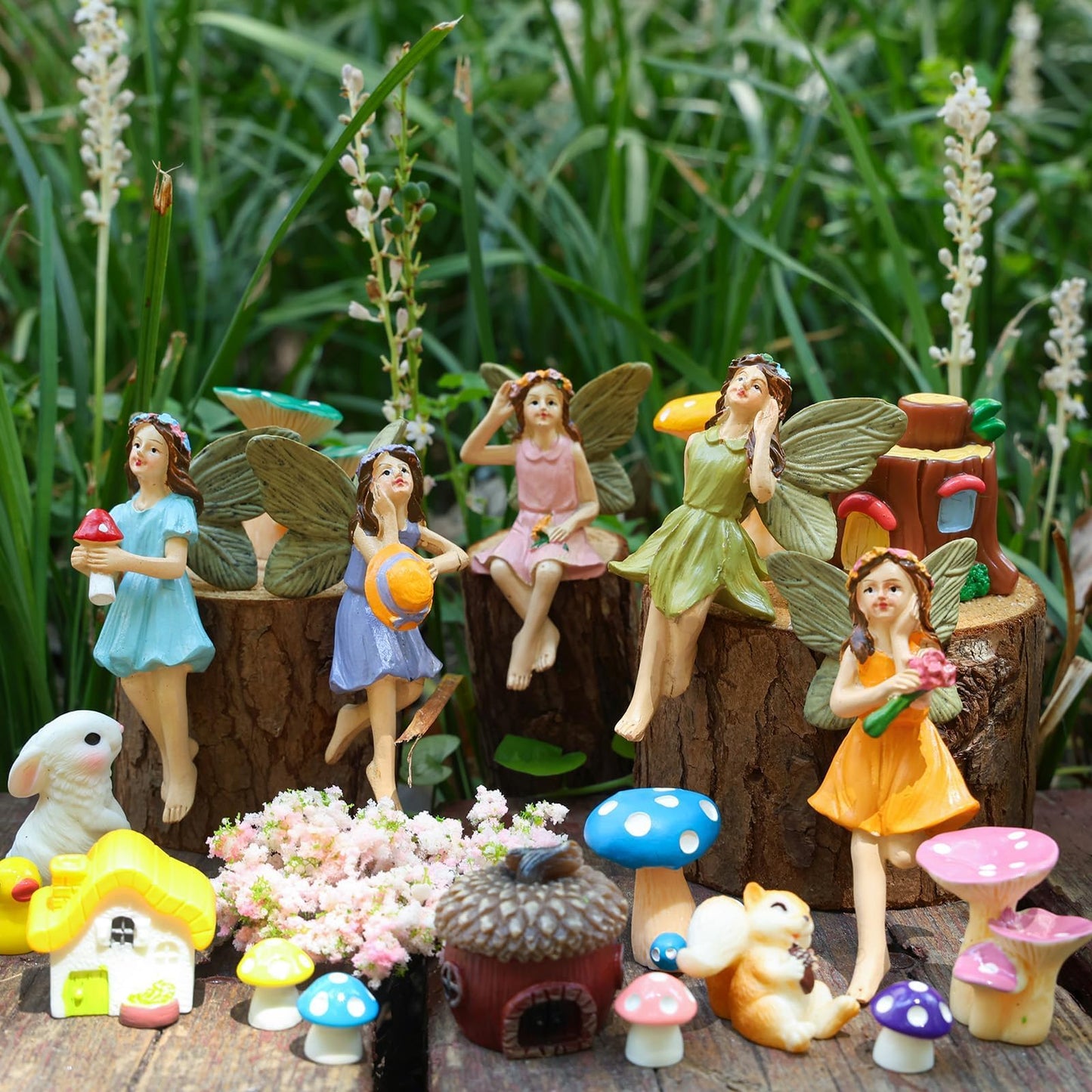 HIYZI 92 PCS Mini Fairy Garden Accessories Kit Cute Tiny Figurines Set DIY Micro Landscape Decor Resin House Bridge Animal Plant Ornament for Terrarium Dollhouse Succulent Craft Potted Horticulture