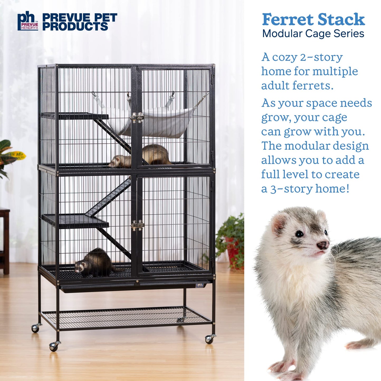 Prevue Pet Products Ferret Stack Two Story Ferret Home with Portable Stand, Escape Proof Lock, Hammock, Ramps, Expandable Add-On Cage Stacking System
