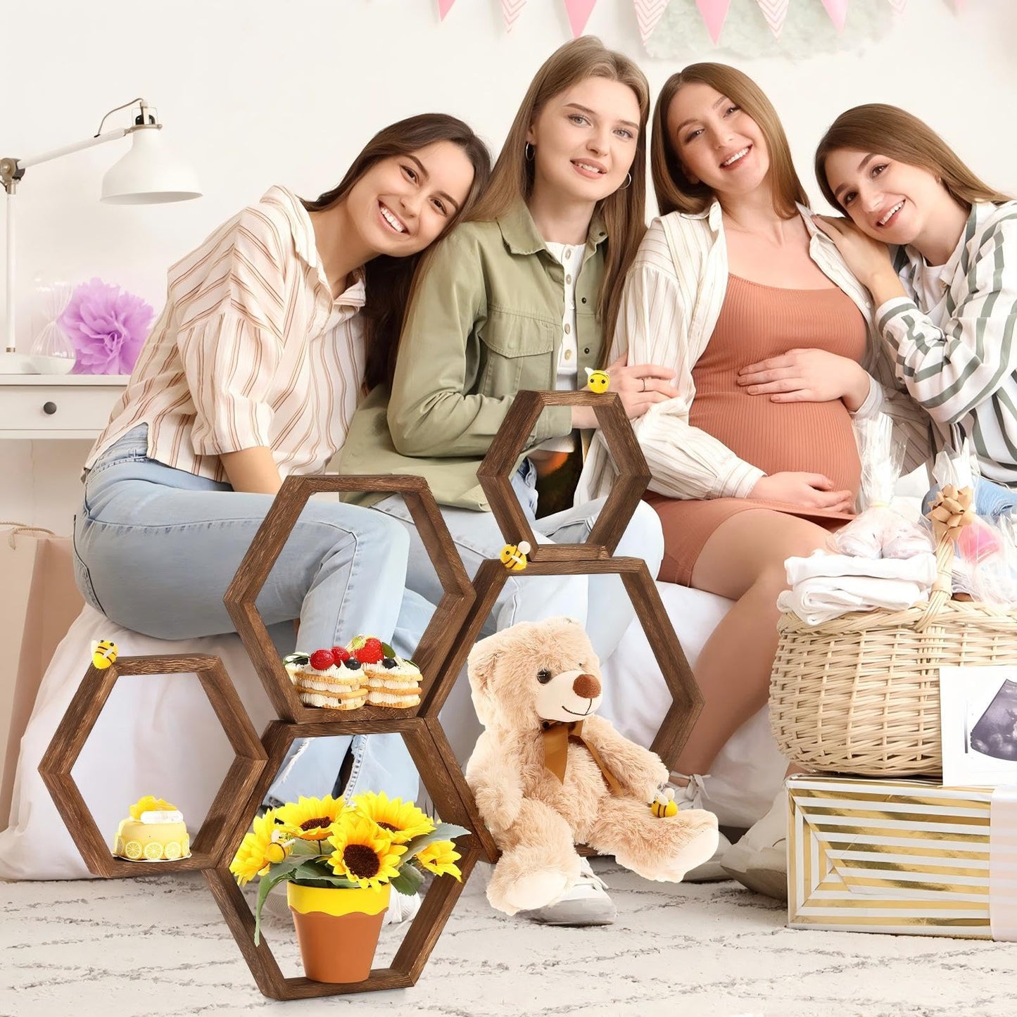 Gerrii 5 Pcs Honey Comb Decorations 5 Sizes Wood Hexagon Shelves Honeycomb Centerpiece Cupcake Stand Wooden Bee Hive Display Holder for Baby Shower Honeybee DIY Birthday Party Decor (Dark Brown)