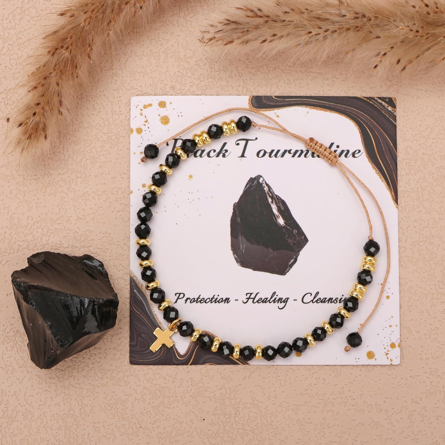 Raicegs Braided Black Tourmaline Cross Crystal Bracelet Natural Stone Beaded Bracelet for Women Faith Jewelry Healing Bracelet Christian Gifts for Women Religious Gifts