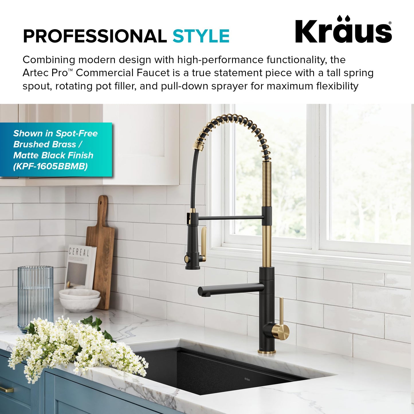 KRAUS Artec Pro Commercial Style 2-Function Single Handle Pull Down Kitchen Faucet with Pot Filler in Matte Black, KPF-1605MB