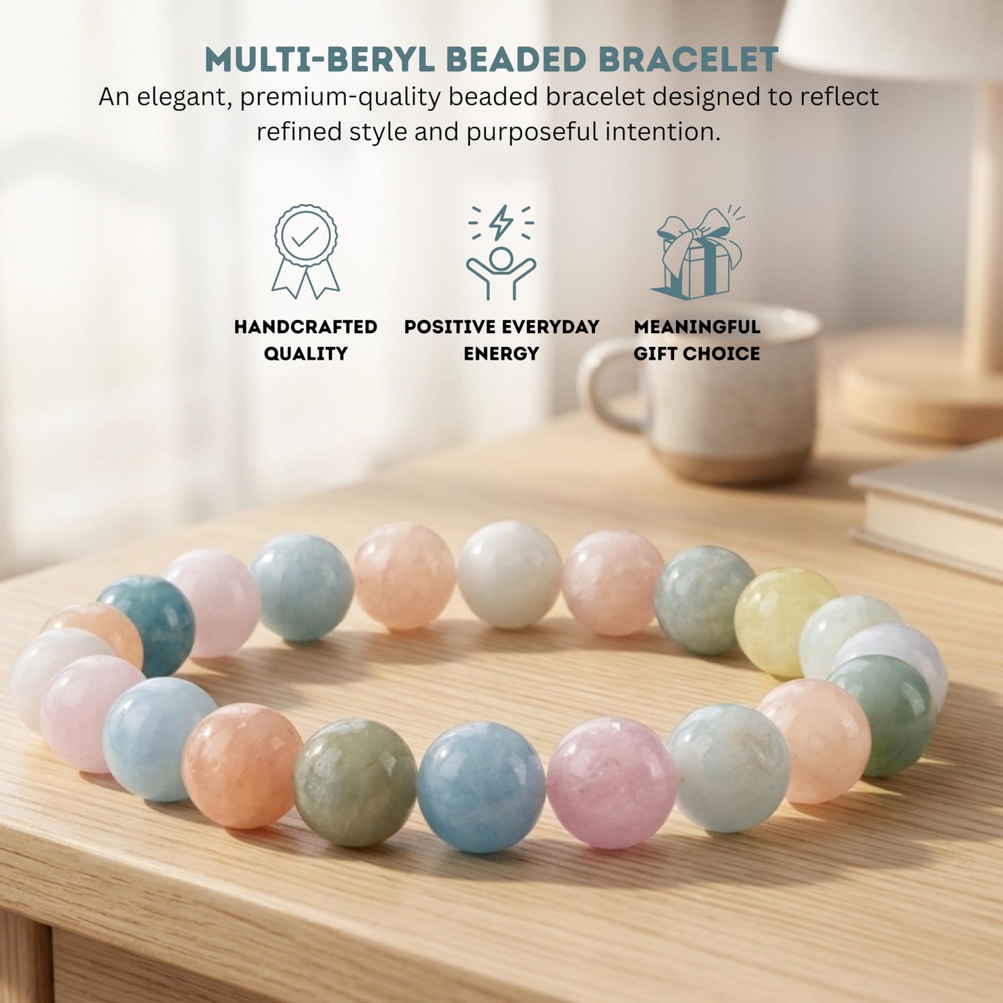 Cherry Tree Collection Multi-Beryl Beaded Bracelet – Genuine 8mm Gemstone Stretch Bracelet for Men & Women – Handmade Crystal Bracelet - (Multi-Beryl - M)