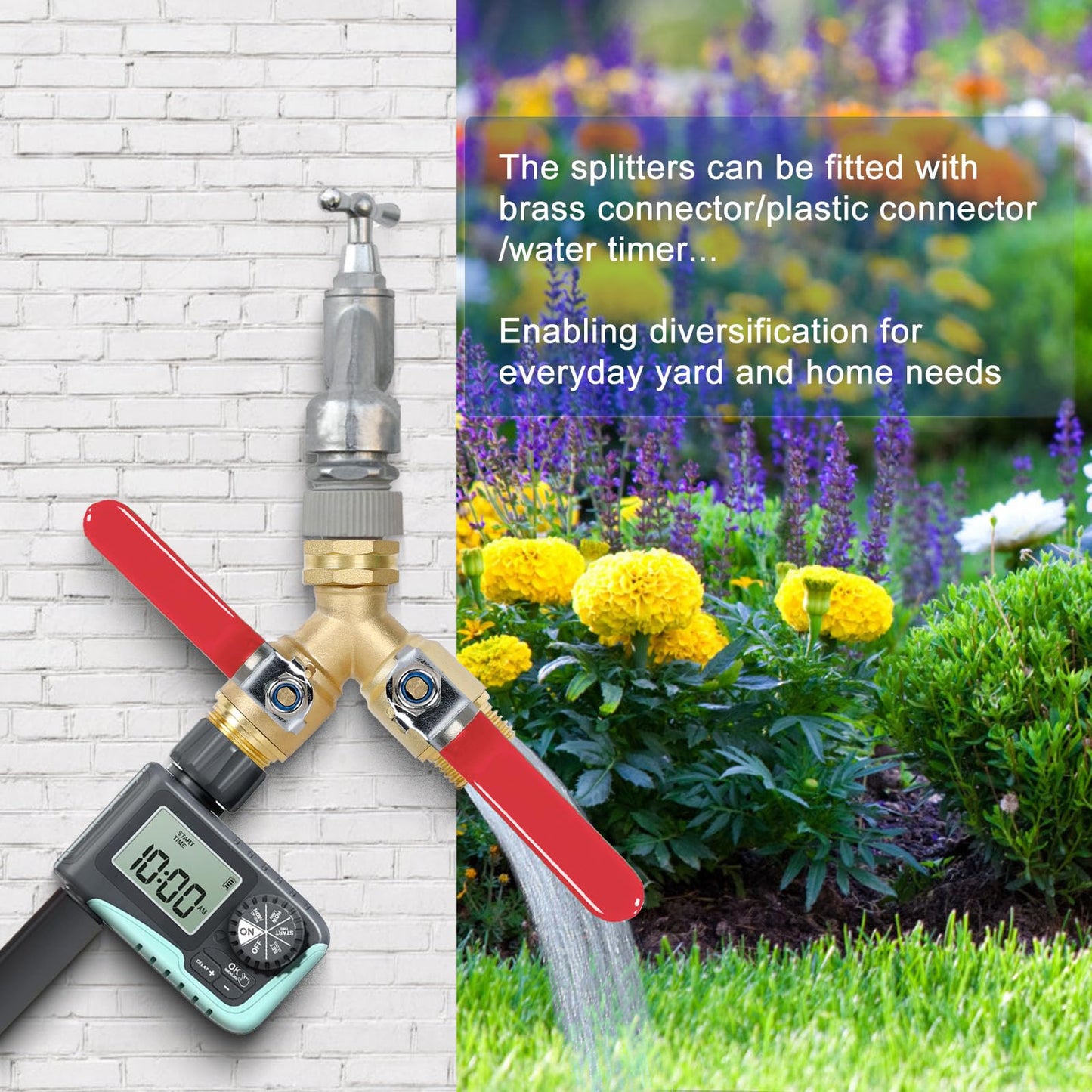 MOLIK Garden Hose Splitter 2-Ways with Long Stainless Steel Handle, Full Flow Hose Splitter Connector Heavy Duty Brass, 3/4" GHT Thread Y Valve, Water Garden Hose Tap Adapter