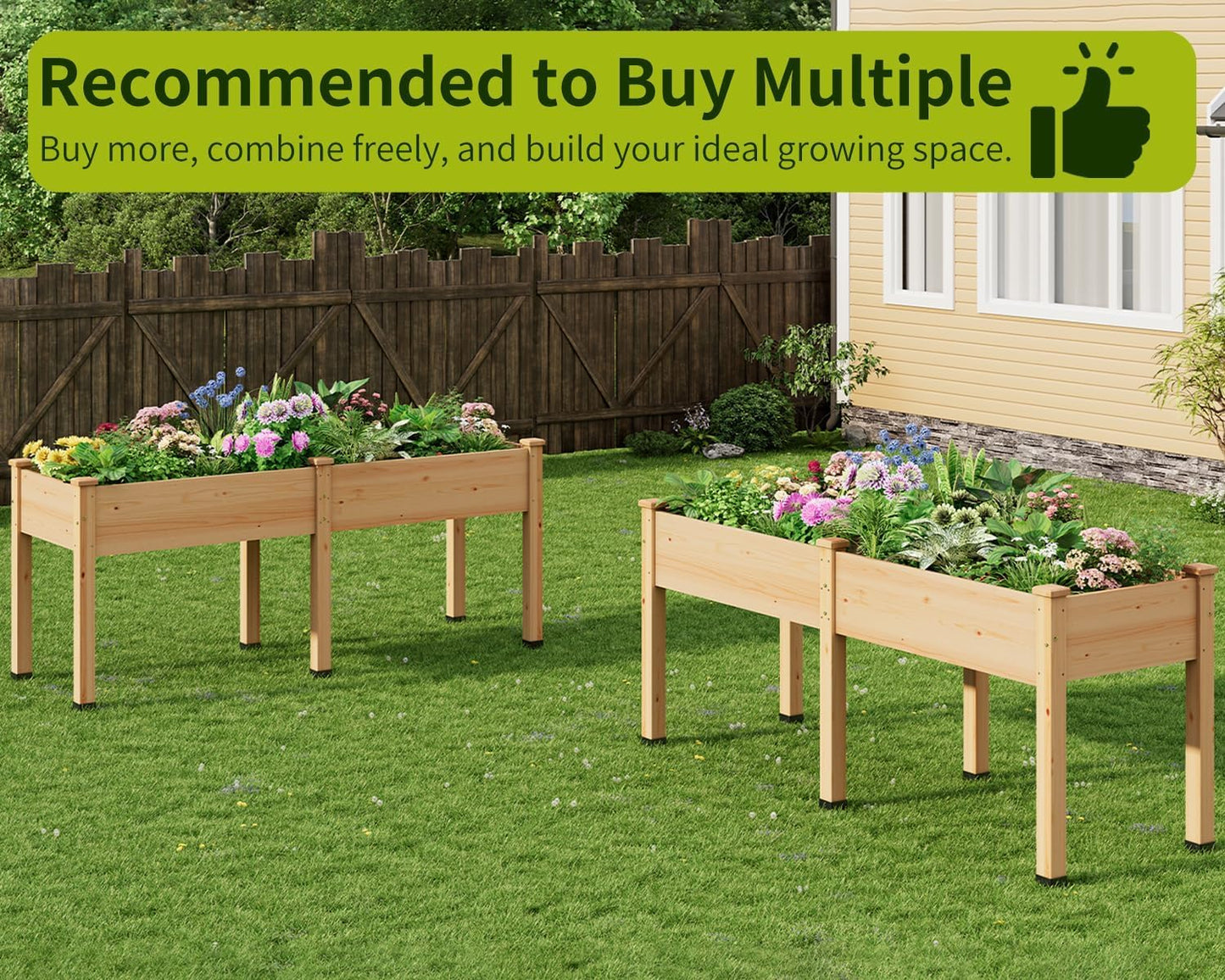 ZIENLIFE Wood Raised Garden Bed, 72x24x30in Elevated Wooden Planter Box with Legs Standing Growing Bed for Backyard, Patio, Balcony with Bed Liner, 200 Pound Capacity 2PCS