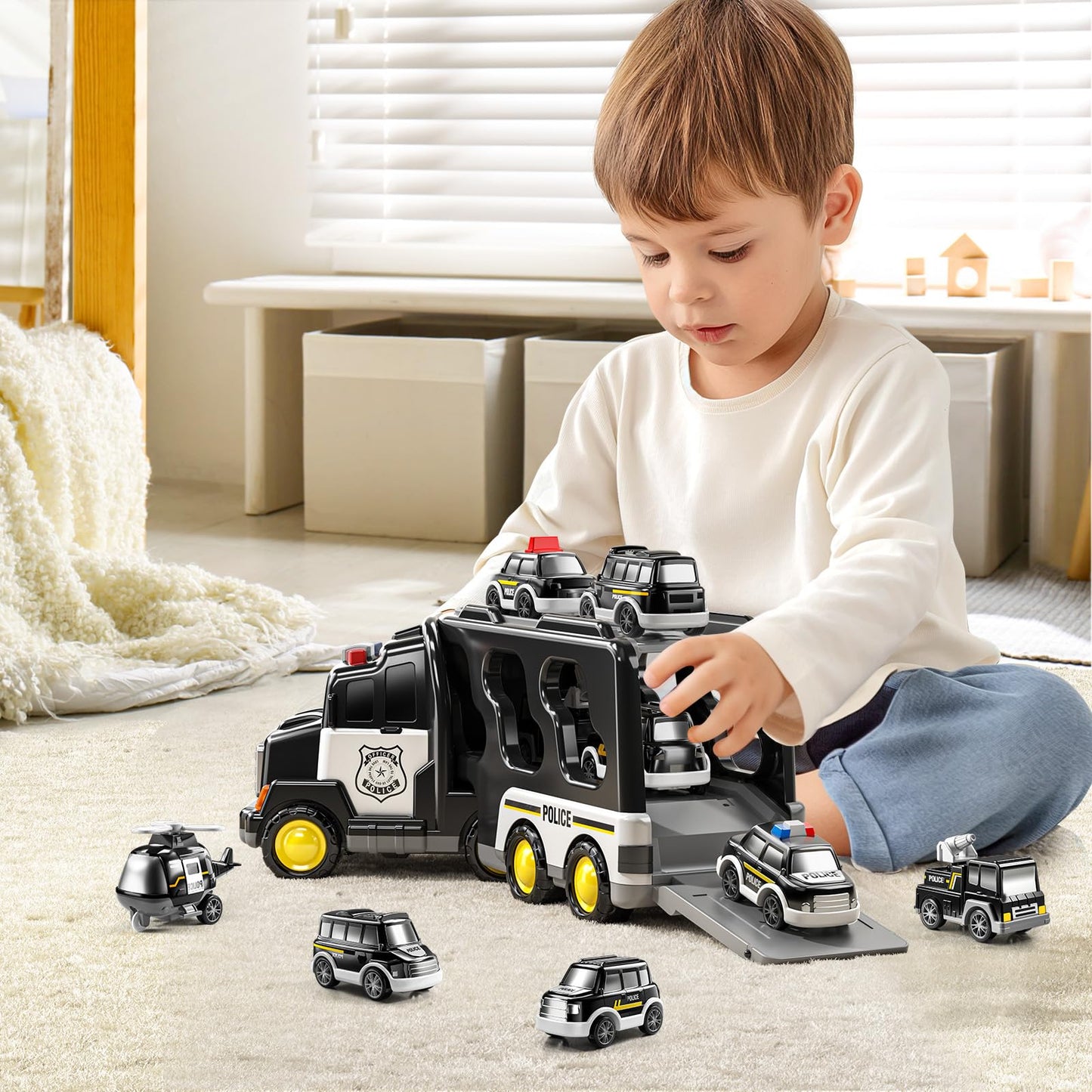 JUKUDAHU Police Truck Toy for 3 4 5 6 Years Old Boys - Carrier Vehicle Toy Set with 3 Small Cars and 1 Helicopter, Kids Firction Powered Car for Age 3-9, Gifts for Boys and Girls