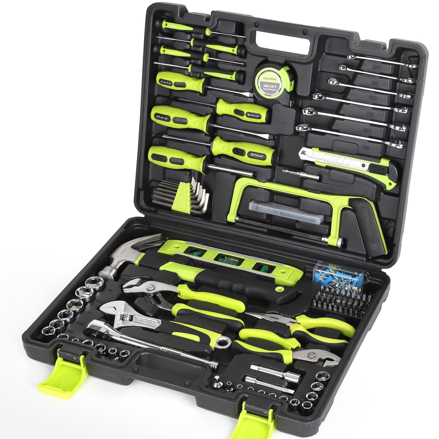 FASTPRO 198-Piece Household Tool Set, Home Repairing Tool Set with Toolbox, SAE Mechanics Hand Tool Kit for DIY, Home Maintenance, Green