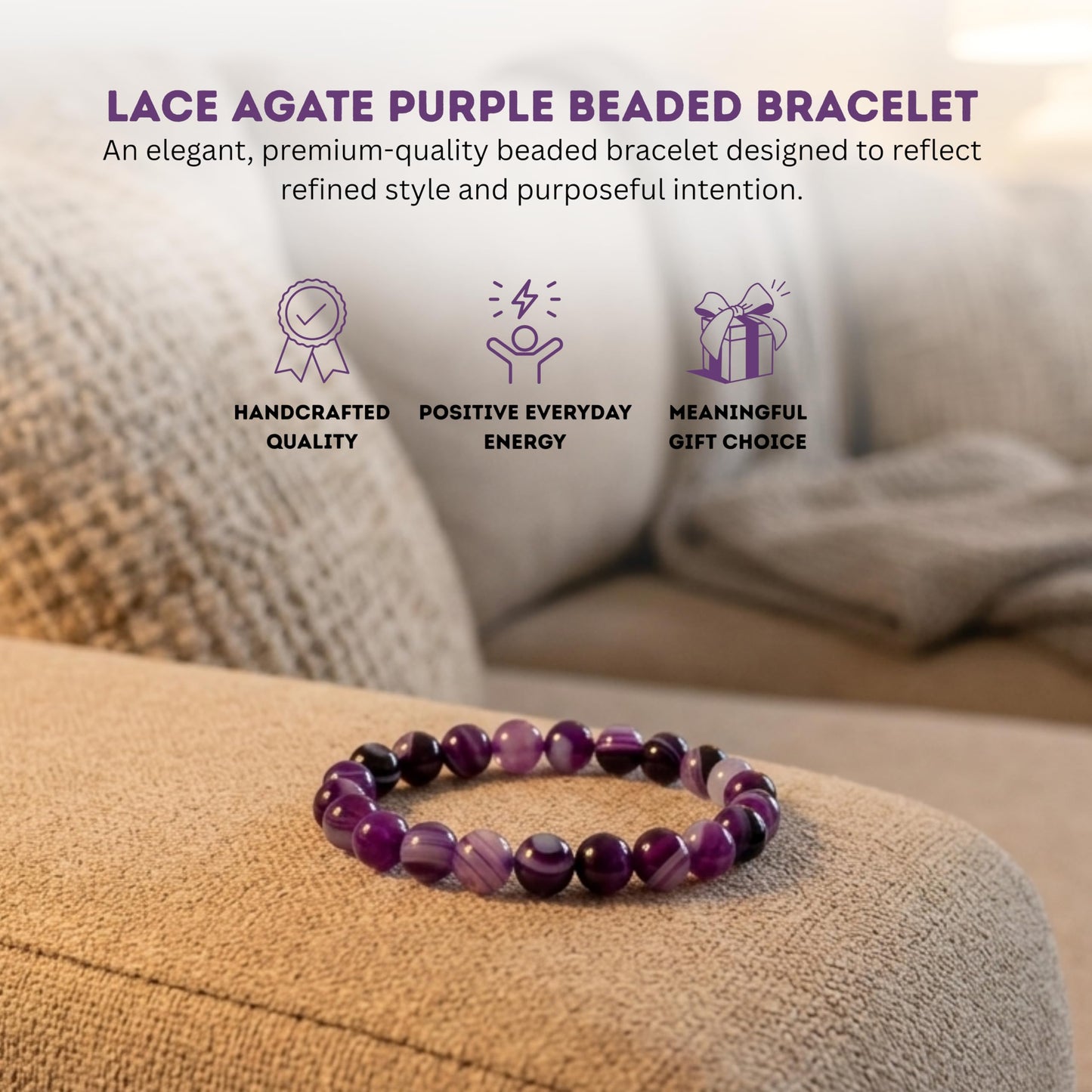 Cherry Tree Collection Lace Agate Purple Beaded Bracelet – Genuine 8mm Gemstone Stretch Bracelet for Men & Women – Handmade Crystal Bracelet - (Lace Agate Purple - S)