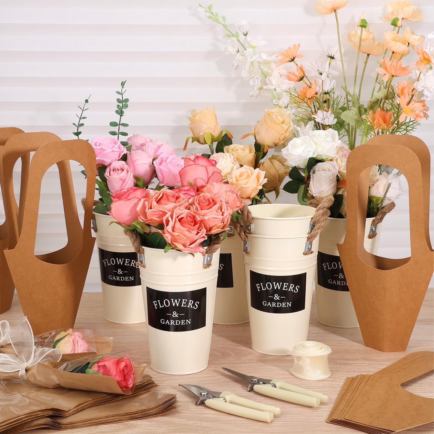48 Pcs Floral Bar Bucket Set - Bloom Bar Supplies,6Pack White Flower Bucket Flower Packaging Gift Bags & Garden Shears for Valentine's Day, Weddings, and Bridal Party Centerpiece Decorations