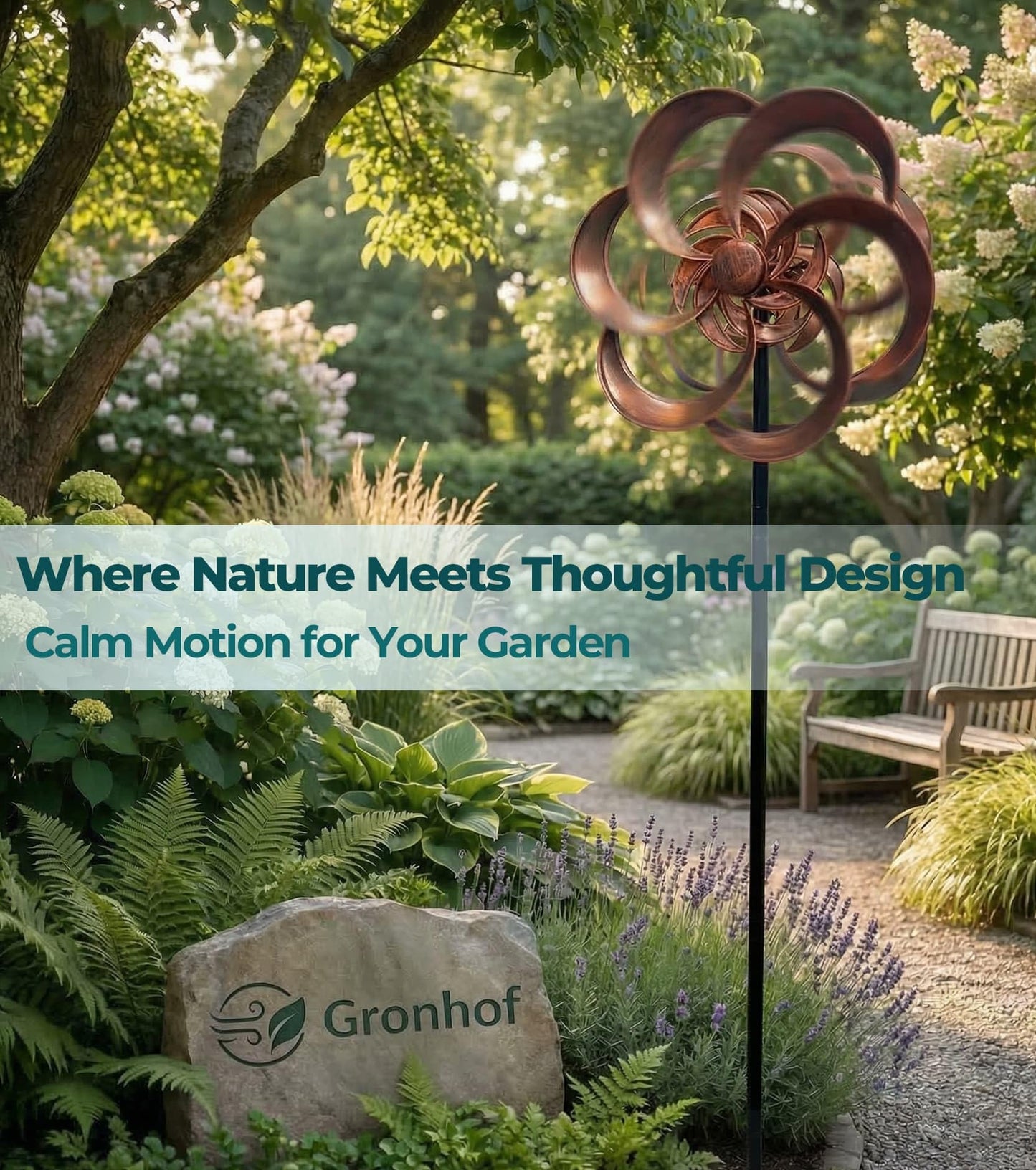 Gronhof 63" Metal Wind Spinner Outdoor, Double-Sided Kinetic Yard Spinner, Smooth Spinning Garden Decor, Stable 5-Prong Stake, Copper Yard Art for Lawn & Patio