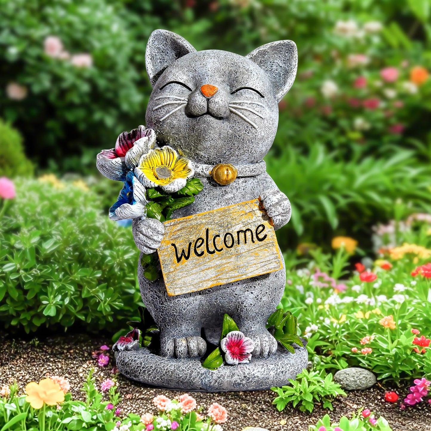 Adorafur Garden Outdoor Statues Solar Cat Outside Statue Garden Decor for Yard Patio Porch Home Lawn Balcony, Gifts for Grandma Mother Women