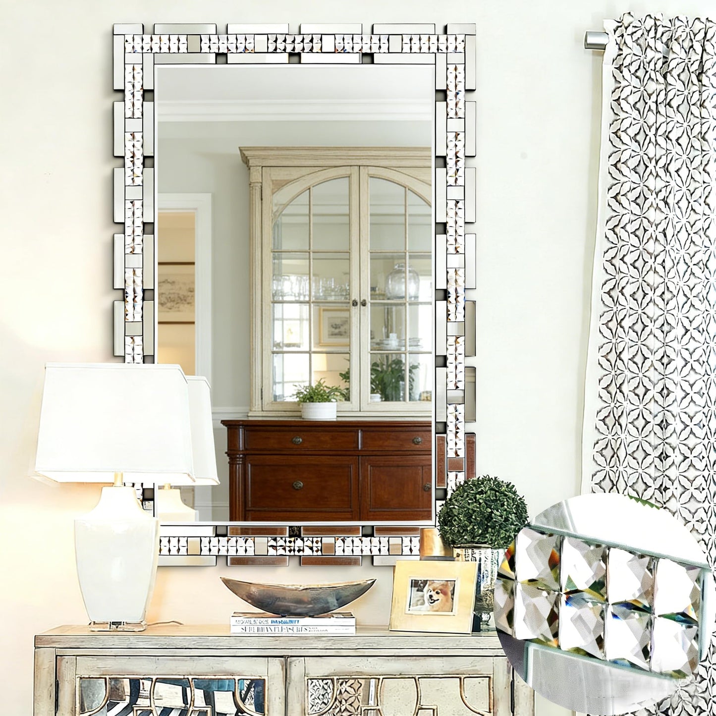 Chende Crystal Large Wall Mirror for Decor, Rectangular Large Living Room Mirror with Beveled Edge and Glass Frame, Entrance, Fireplace, Home Office, Horizontal/Vertical Hanging, 32" x 47"