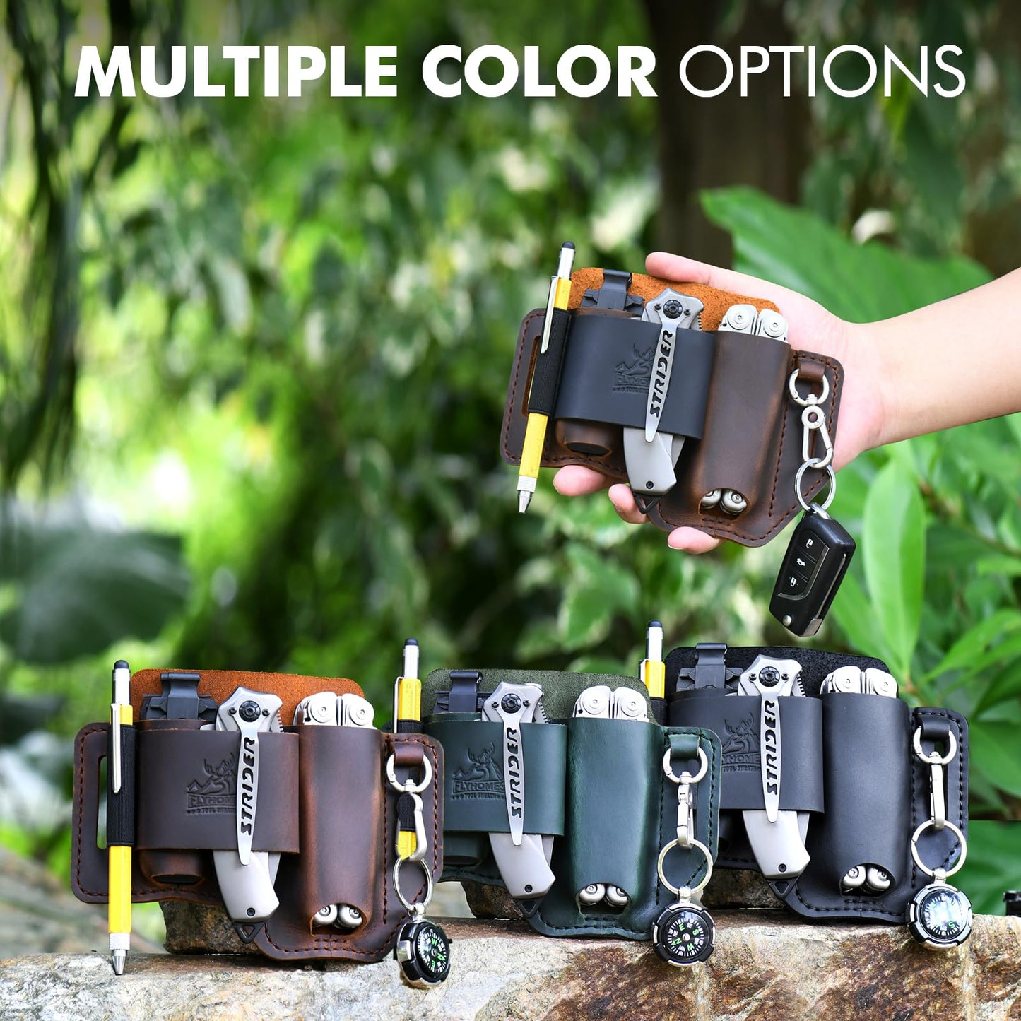 FLYHOMES Genuine Leather Multitool Sheath | Handmade Stitched Belt Organizer for Leatherman Surge | Holds Bit Kit & Extender | Flashlight Holster, Pen & EDC Tools Pouch | Dark Green