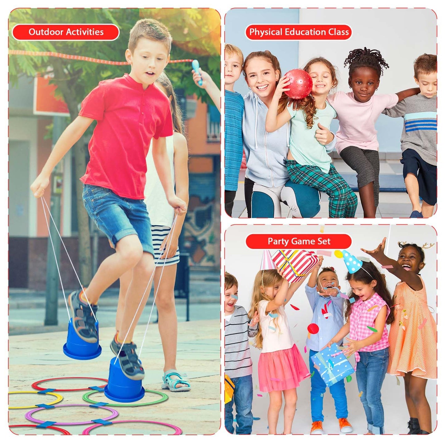 8 Pair Balancing Stilts for Kids and 1 Hopscotch Ring Game Set Thickened Walking Bucket with Adjustable Rope Hop Scotch Kid Balance Coordination Toy Indoor Outdoor Birthday Playground Game Party Favor