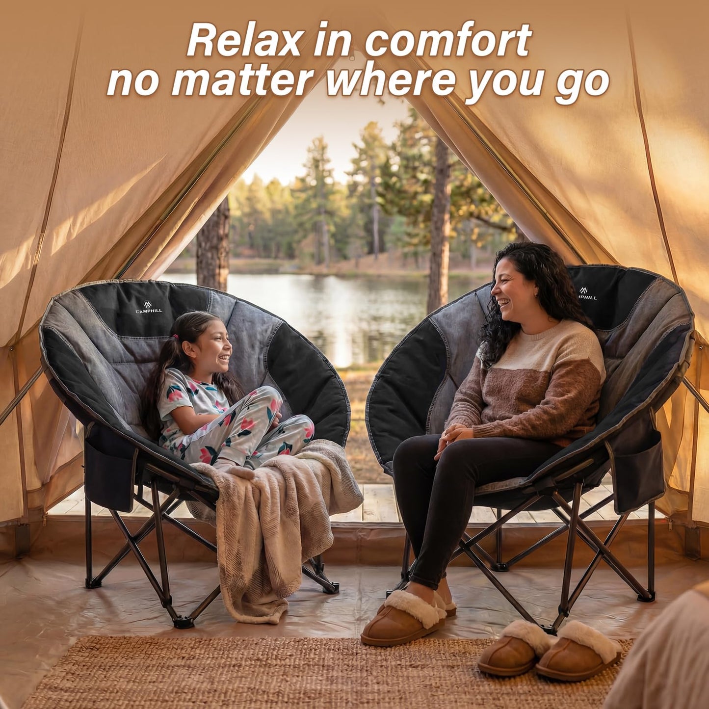 Oversized Camping Moon Chairs,Folding Round Padded Sofa Chair for Adults,Outdoor Lawn Chairs w/Side Pocket,Perfect for Indoor,Family Camping,Picnics and Garden,Black&Grey
