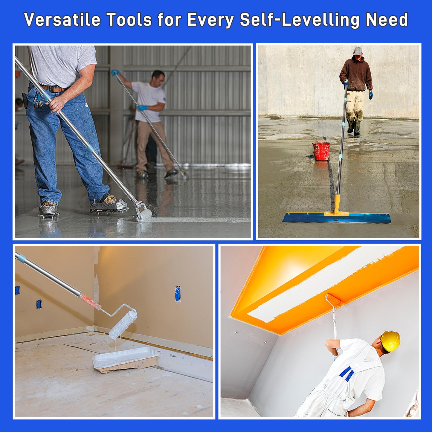 Self Leveling Cement Tool Kit- Epoxy Floor Tool Kit Includes Self-Leveling Rake, 2 Spiked Roller, 2 Flooring Construction Painter Roller, 16“-63” Telescopic Poles, Epoxy Spike Shoes and Gloves