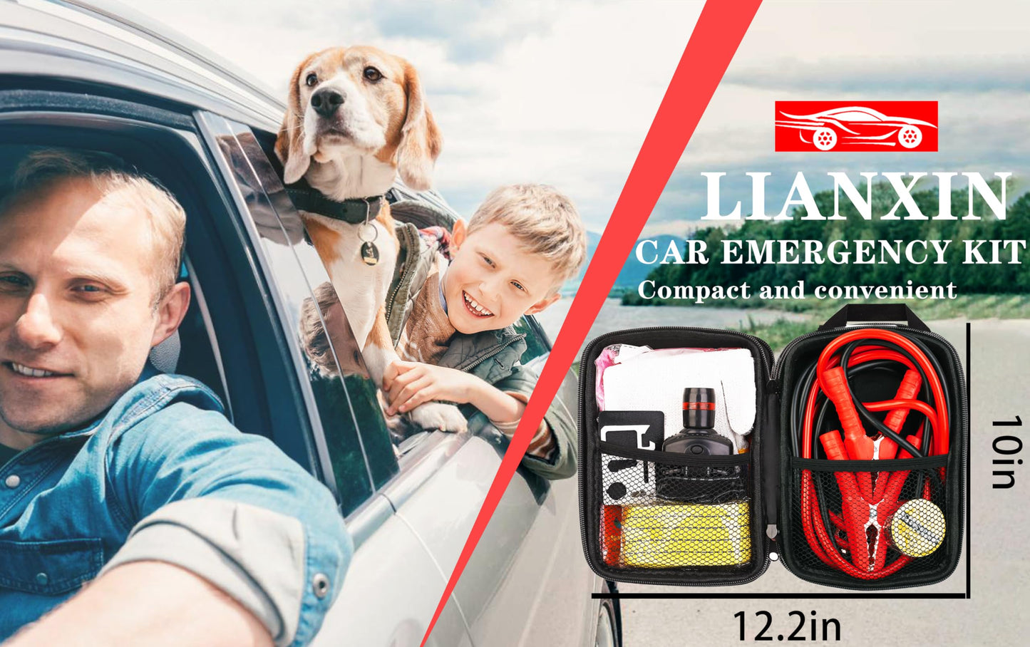 LIANXIN Car Roadside Emergency Kit, with Jumper Cables Automotive Kit,Car Safety Roadside Assistance Kit Headlamp,Tow Straps, Multi-Function Blades, Rainwear, Gloves.Blue