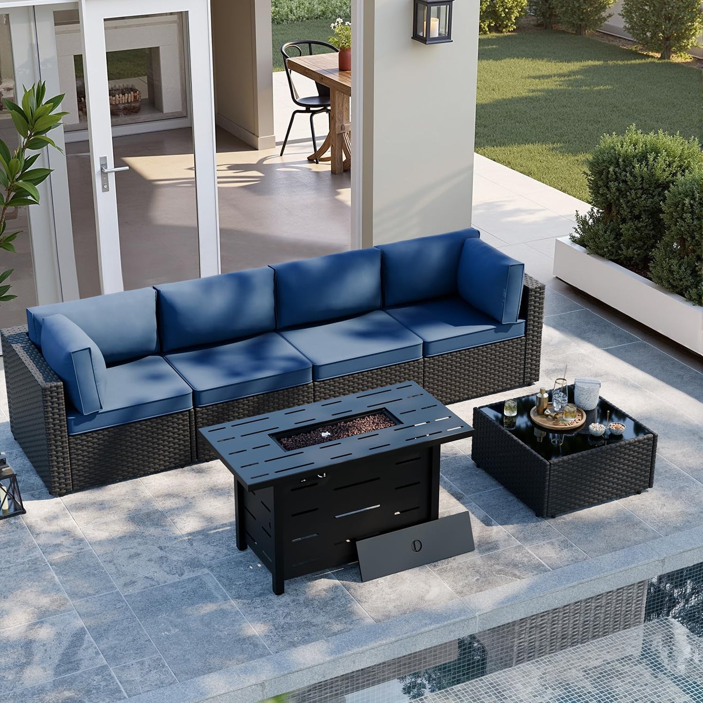SUNLEI 5 Piece Outdoor Patio Furniture Set with Fire Pit Table, Black PE Rattan Wicker Conversation Sofa Set with Blue Cushions, All Weather Sectional Patio Couch for Backyard, Deck, Garden, Porch