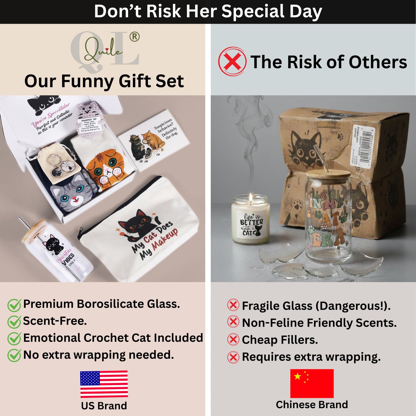 QUILE Fun Cat Mom Mothers Day Gifts Box, Cat Lover Gifts for Women, Premium Cats Themed Gifts Set for Women with Borosilicate Glass Cup Crochet Doll & Socks, Crazy Cats Lady Gift Basket for Birthday