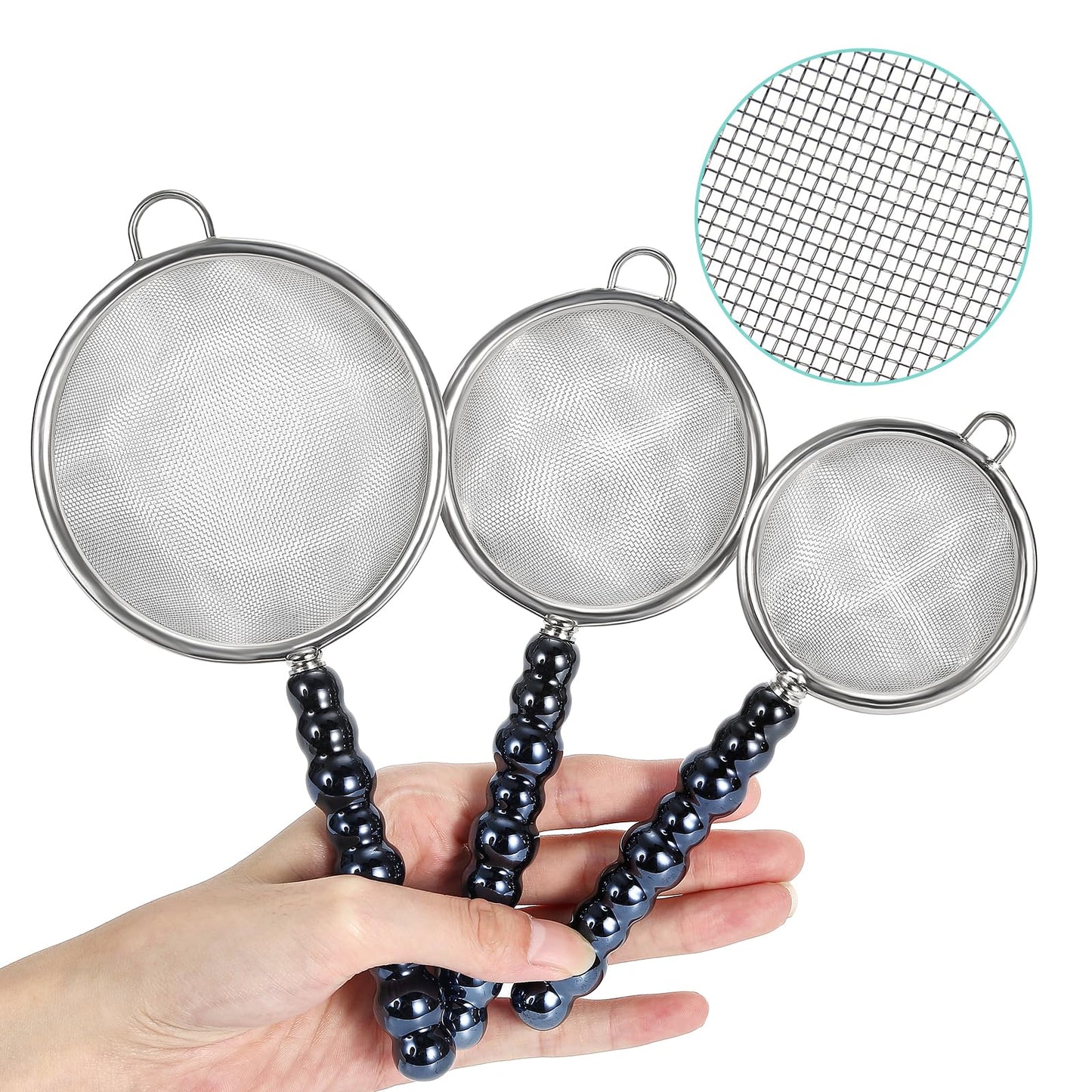 3 Sizes(2.76"+3.15"+3.94") Single Fine Mesh with Non-Slip Ceramic Handle,Perfect for Sift, Strain, Drain Rinse Vegetables