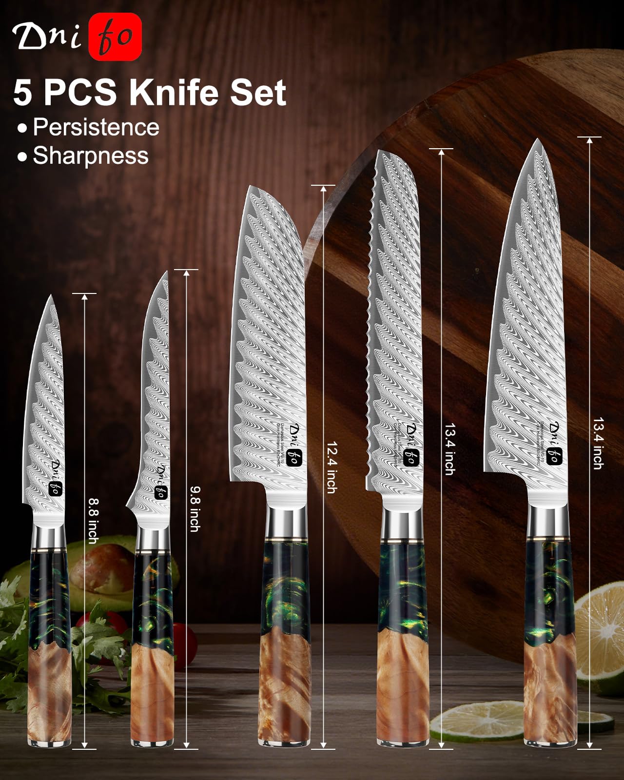 5 Pieces Damascus Knife Set, Japanese Chef Knife Set with Galaxy Pattern Resin Handle, 67-Layers Damascus Steel, Gift Box Included 5" Paring, 6" Boning, 7" Santoku, 8" Chef & 8" Bread Damascus Knives